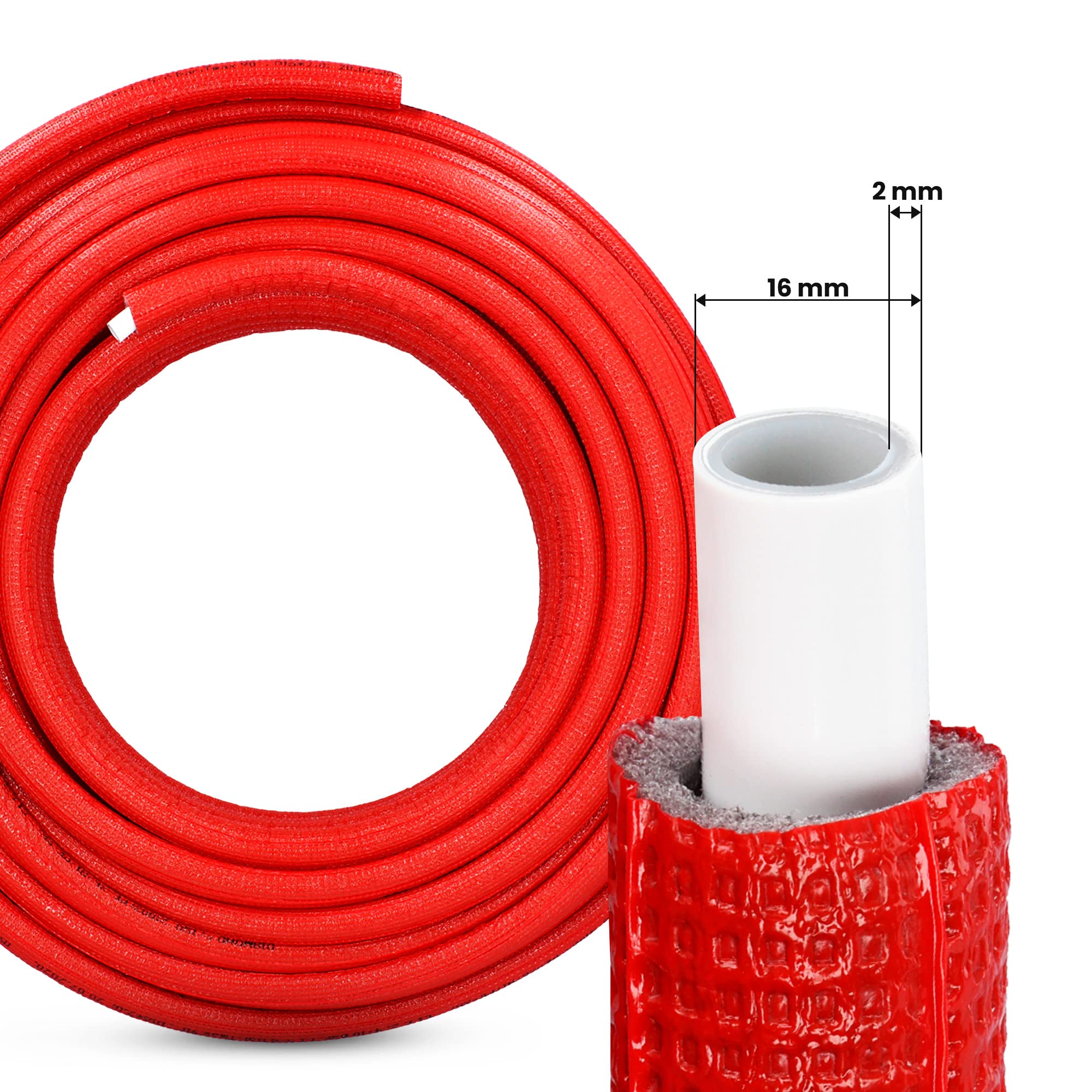 Tubo preisolato PEX/AL/PEX con rivestimento in polietilene, resistente, durevole, 16 x 2 mm, rosso, 50 m, per sistemi di riscaldamento e fornitura idrica