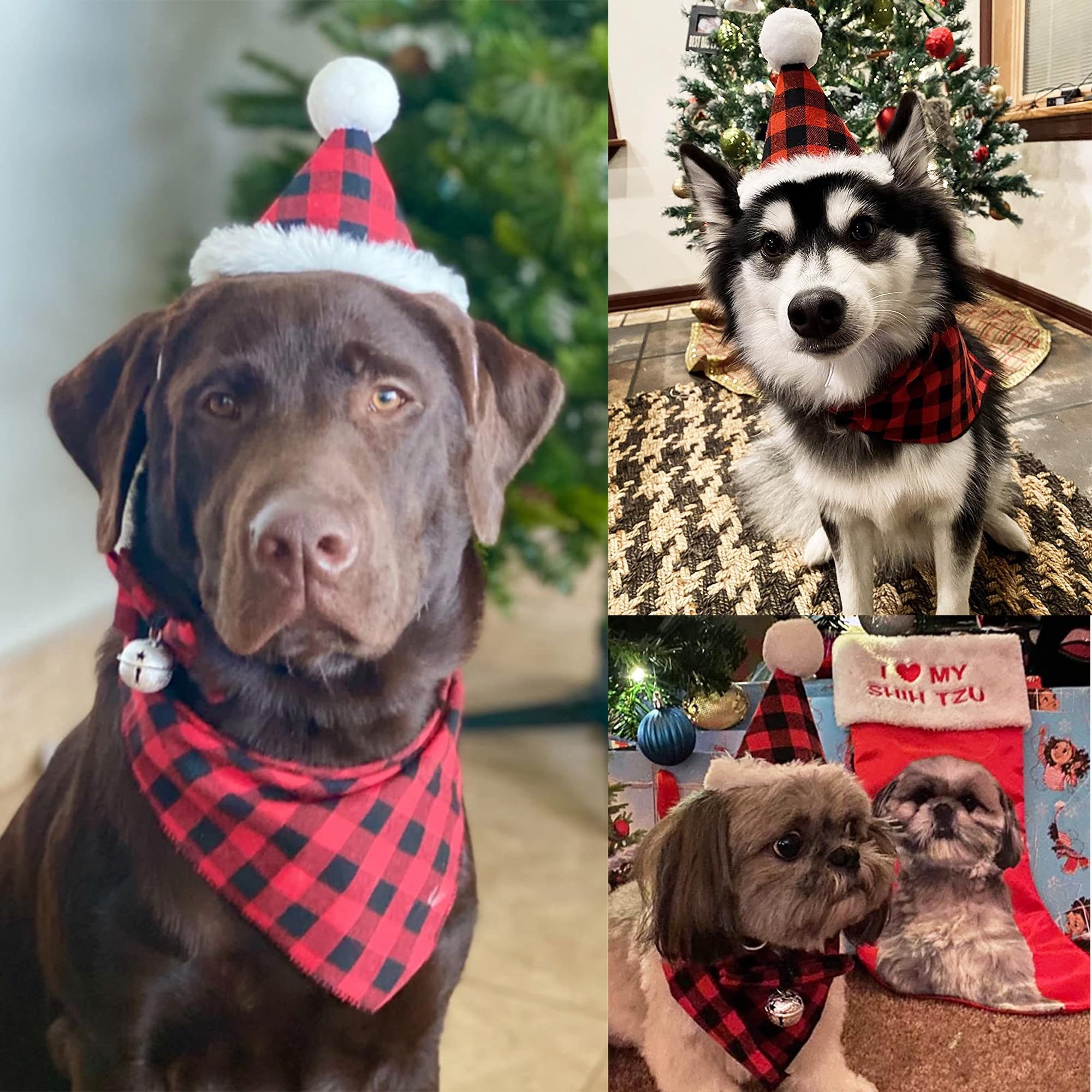 Weihnachts-Hunde-Bandana-Mütze, Fliege, Set – klassisches kariertes Haustier-Schal, Dreieck-Lätzchen, Hunde-Weihnachtskostüm-Dekoration, Zubehör für kleine, Katzen, Haustiere (rot)