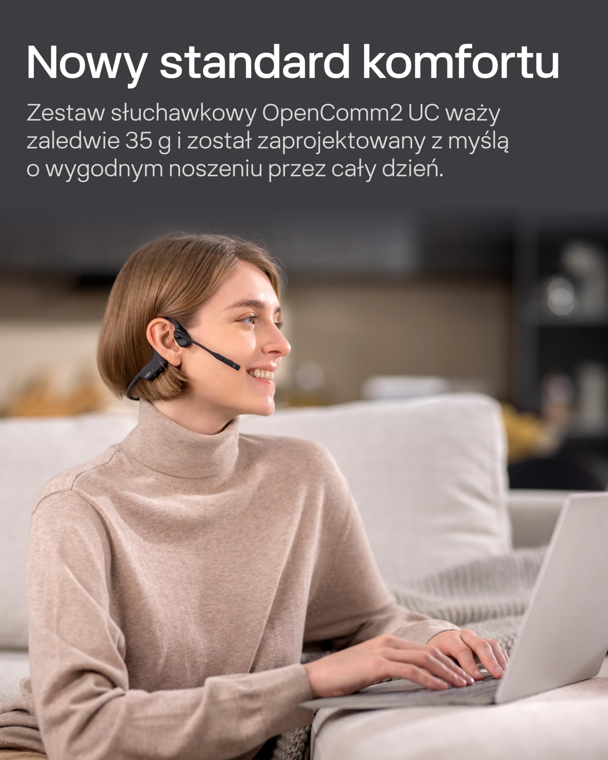 SHOKZ OpenComm2 UC 2025 Upgrade Słuchawki przewodzenia kostnego z adapterem USB-C, otwarte słuchawki Bluetooth z mikrofonem redukcji szumów, bezprzewodowe słuchawki otwarte ucho do pracy, i Zakładki
