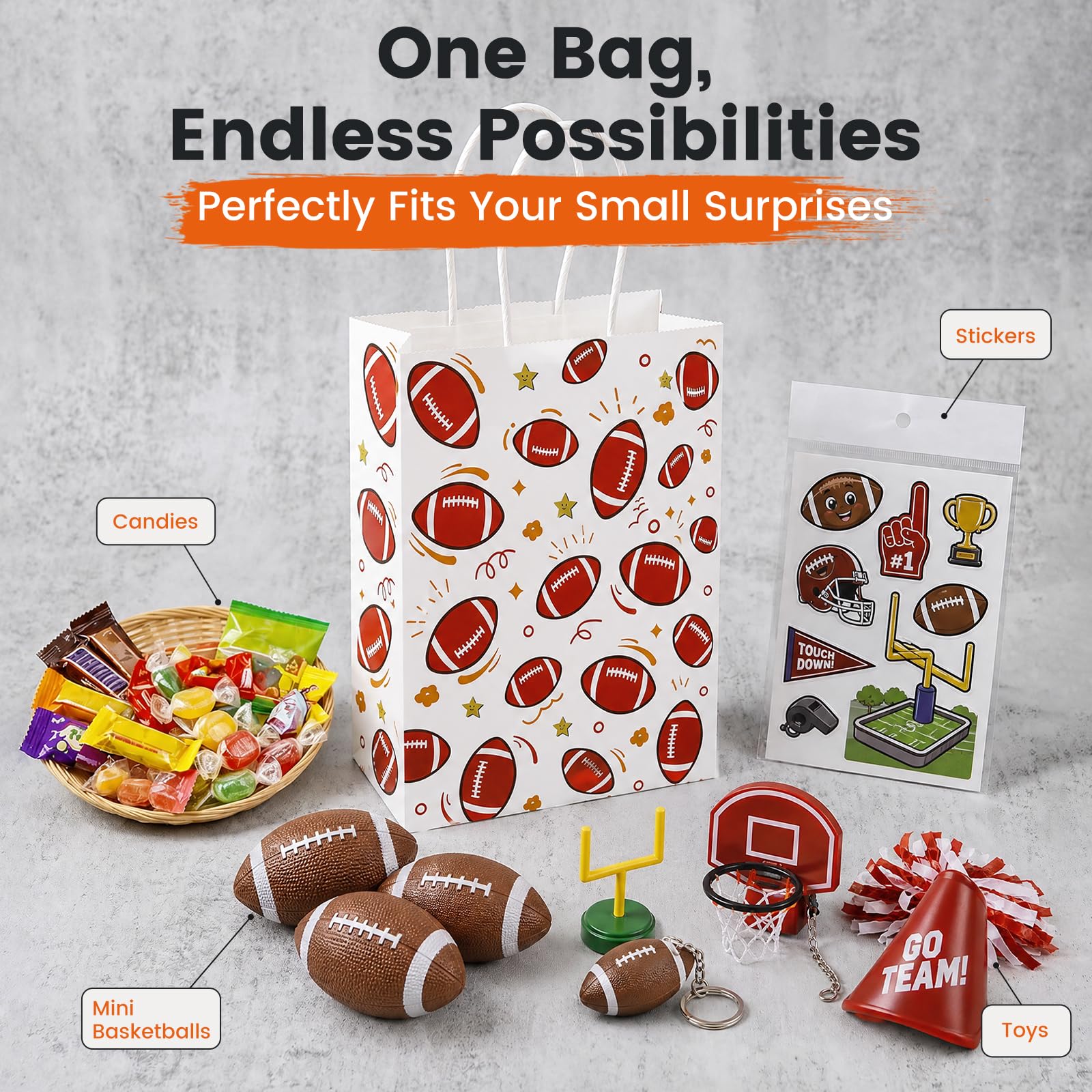 VGOODALL 16 Pack Football Goodie Bags with Handles, 5.5 x 2.8 x 8 Inches, Paper Gift Bags for Team Snack kids Birthday Party Favor Supplies
