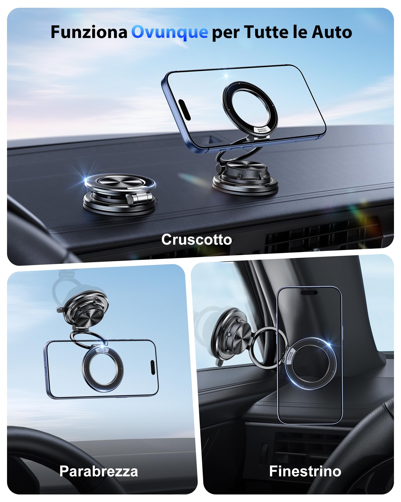 Glangeh Ultra Sottile in Metallo Porta Cellulare Auto Magnetico, [43KG Potente Sottovuoto+Gel Nano Ventosa] Supporto Telefono Auto 360° Rotazione, Porta Telefono Auto per MagSafe per Tutti Smartphone