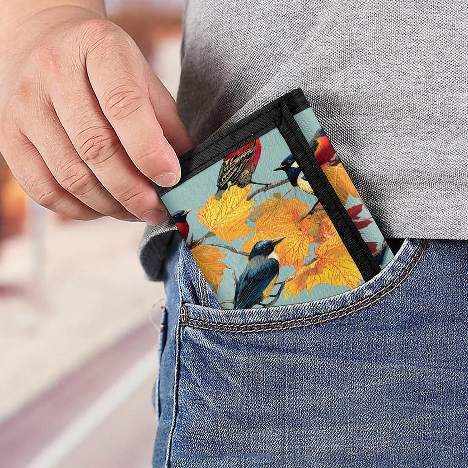 Maple Tree And Birds Trifold Slim Wallet Front Pocket With Money Clip And ID Credit Card Slots For Travel Work
