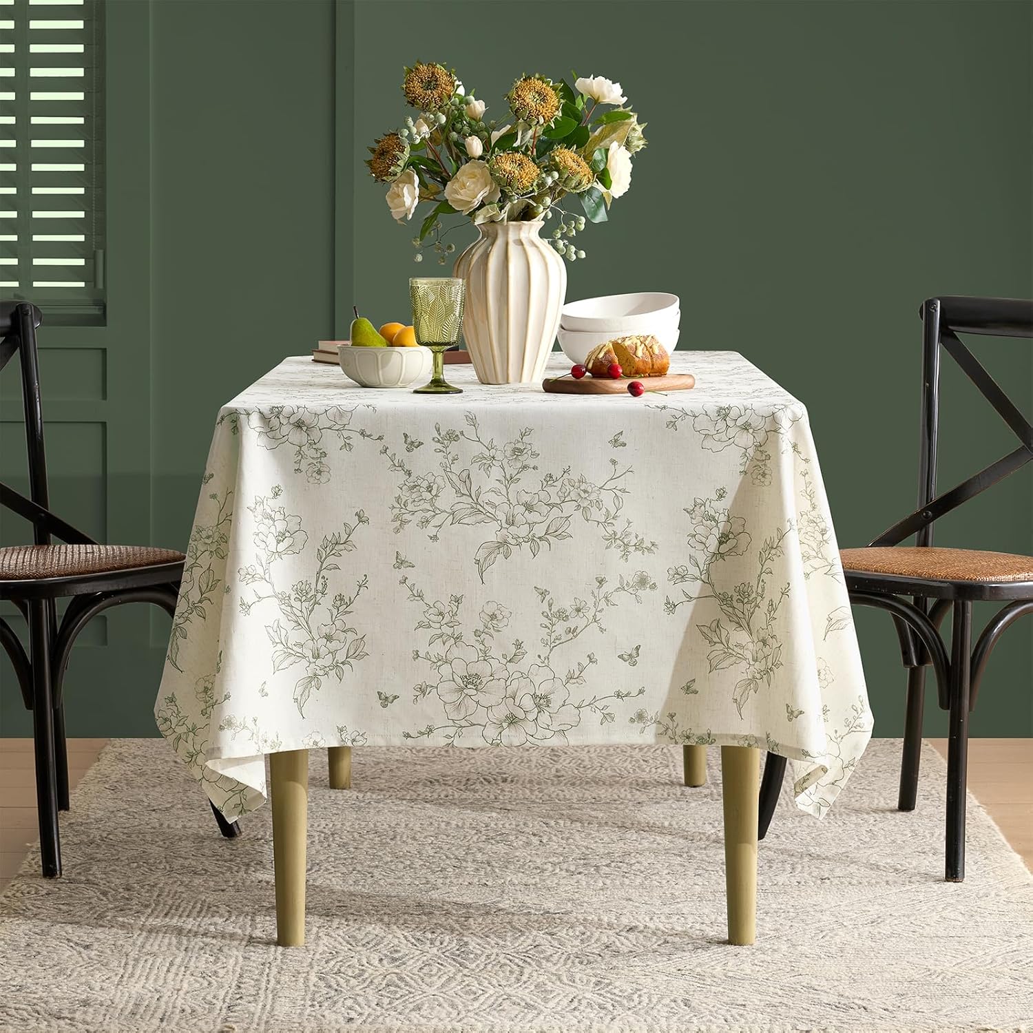 French Floral Tablecloths Rectangular Linen Table Cloth with Green Flowers Pattern Burlap Textured Farmhouse Vintage Rustic Outdoor Table Cover for Picnic,Dining,Party,Home Decor 55x102 Inch