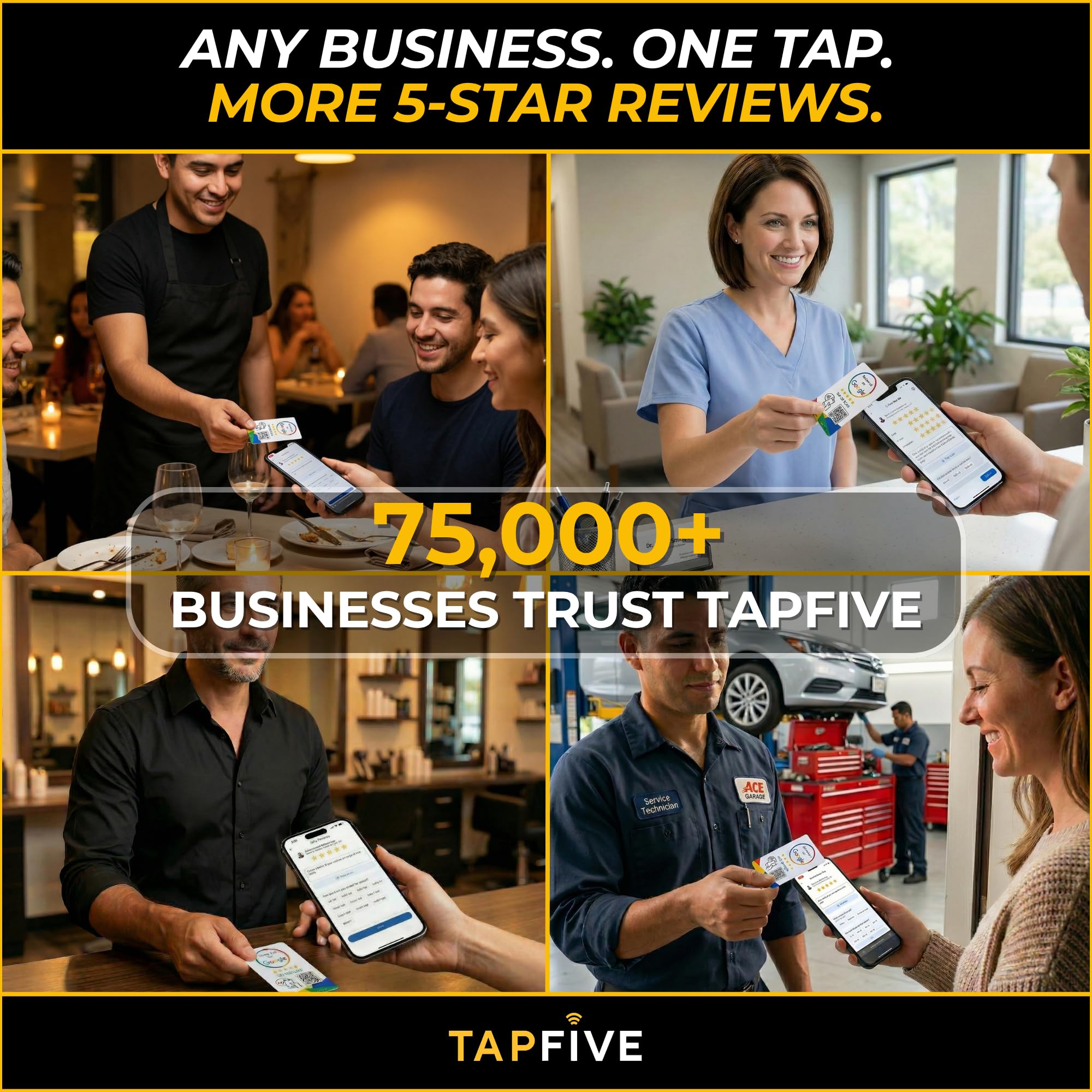 FiveStars Google Review Tap Card | Escanea el código QR o pulsa para obtener reseñas instantáneas de Google | Reutilizable e ilimitado | Alimentado por tapSnap (paquete de 1)