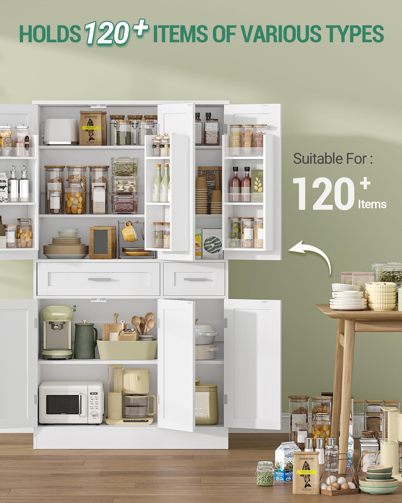 Hzuaneri Buffetschrank, Küchenschrank mit 9-stufigem Türrückseiten-Regalsystem, Sideboard mit 6 Türen und 2 Großer Schublade, Modern Stil, Küche, Wohnzimmer, 40 x 92 x 180 cm, Weiß PT30003X
