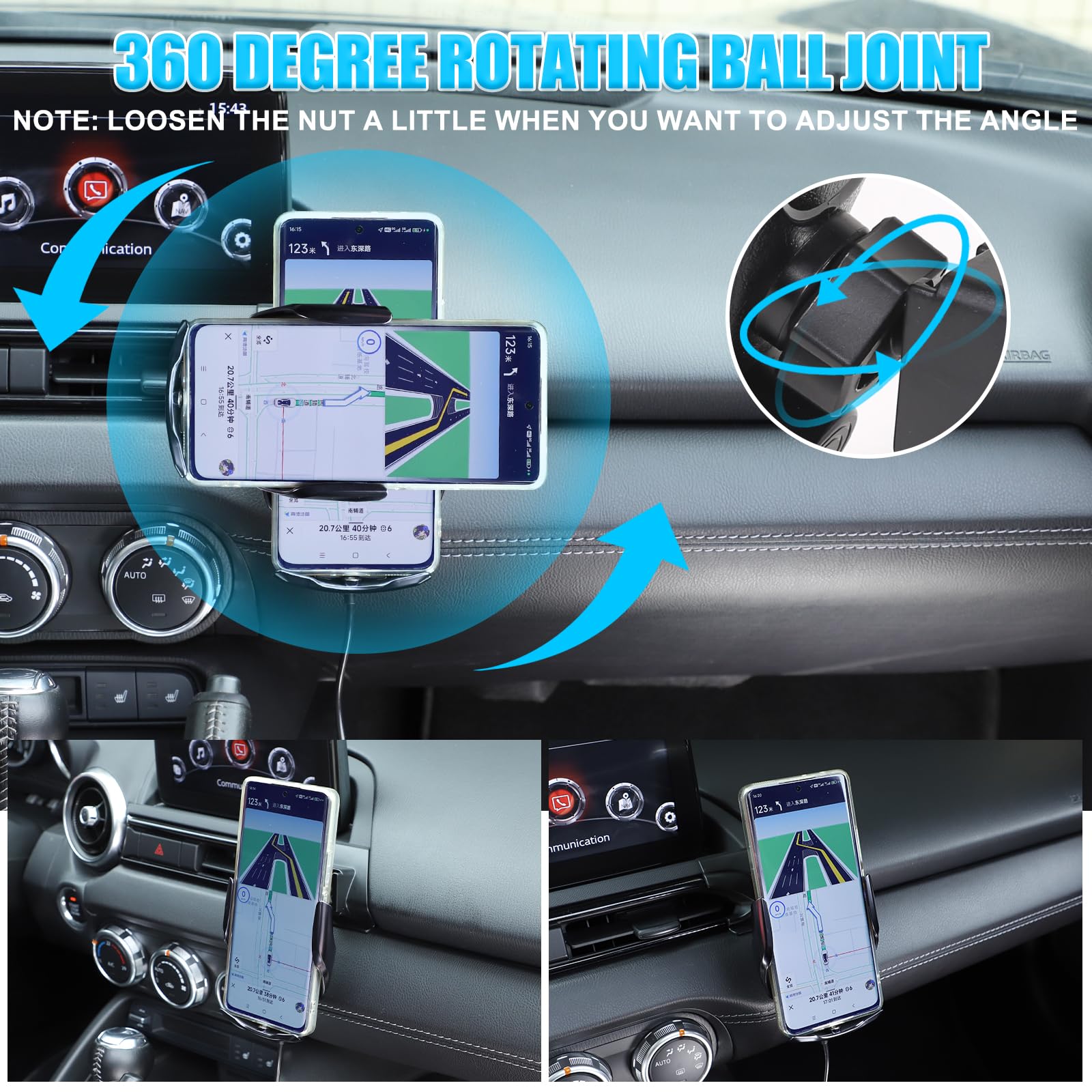 Soporte de teléfono de coche para Mazda MX-5 ND 2016-2024, rejilla de ventilación central, lado derecho, giratorio, soporte fijo para teléfono móvil para coche, apto para iPhone, Android y smartphones