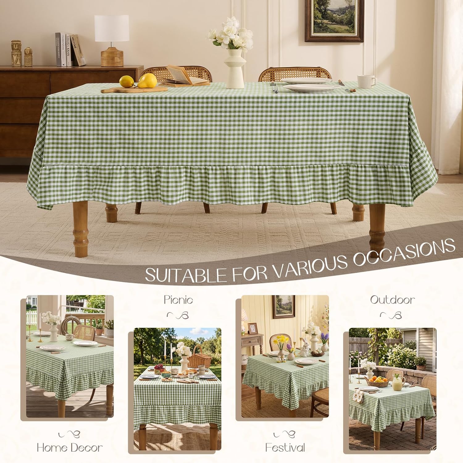 Romanstile Spring Gingham Ruffled Tablecloth Rectangle - Waterproof Linen Cotton Checkered Table Cloth, Outdoor Plaid Table Cover for Picnic, Camping, Party - 52 x 70 Inch, Sage