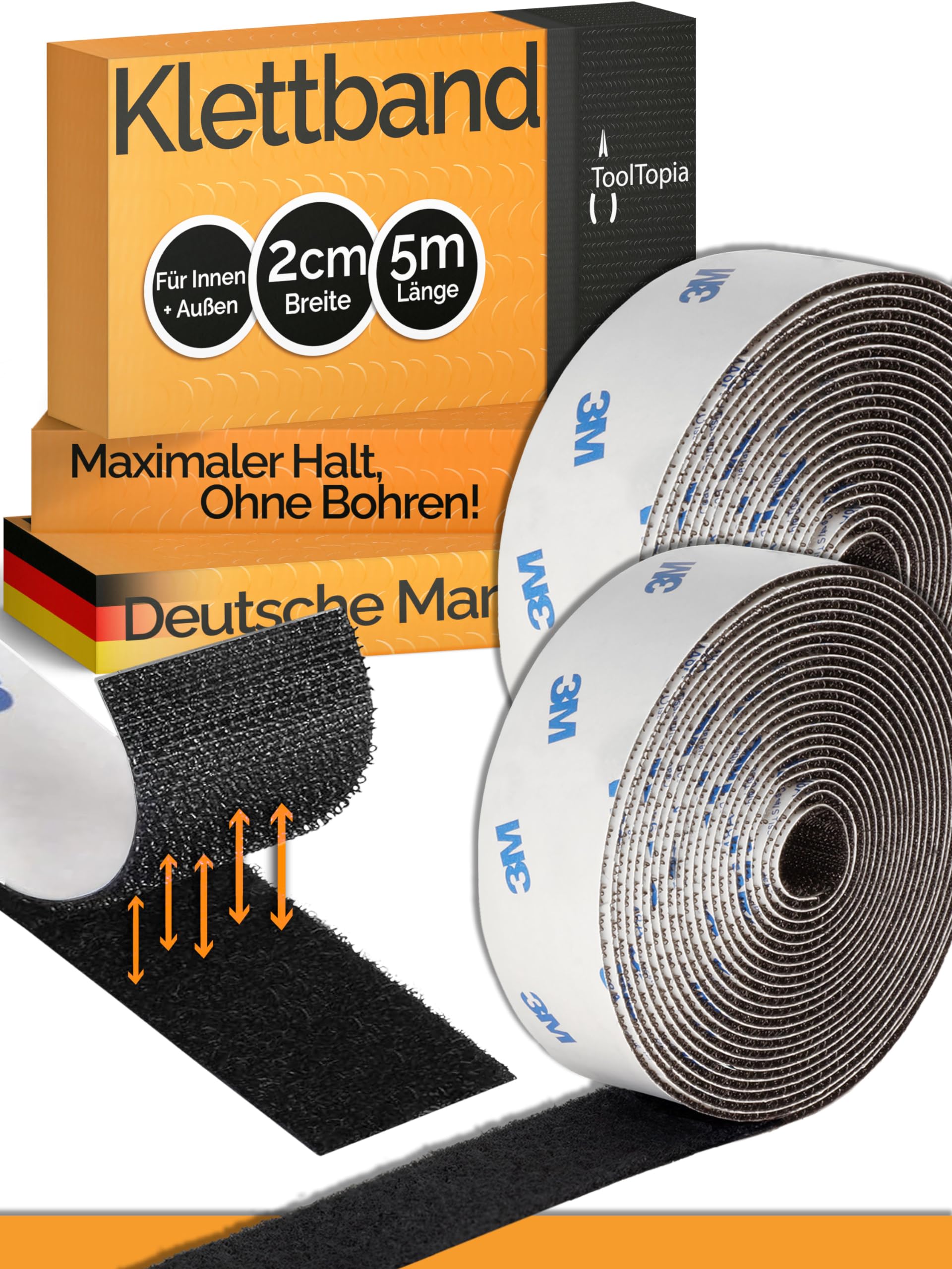 Klettband Selbstklebend Extra Stark Outdoor & Indoor 20mm x 5m schwarz (3M Markenkleber), Klett I Klettverschluss Klebeband, Handwerksqualität