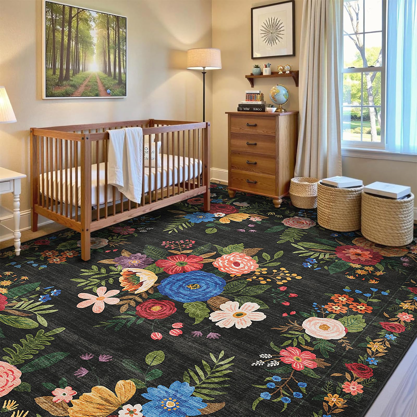 Teppich Wohnzimmer 120x180cm, Vintage Blumenmuster, Waschbar & Rutschfester Boho Weich Kurzflor Teppiche Gegend für Schlafzimmer, Kinderzimmer, Gastzimmer, Esszimmer, Büro, Schwarz