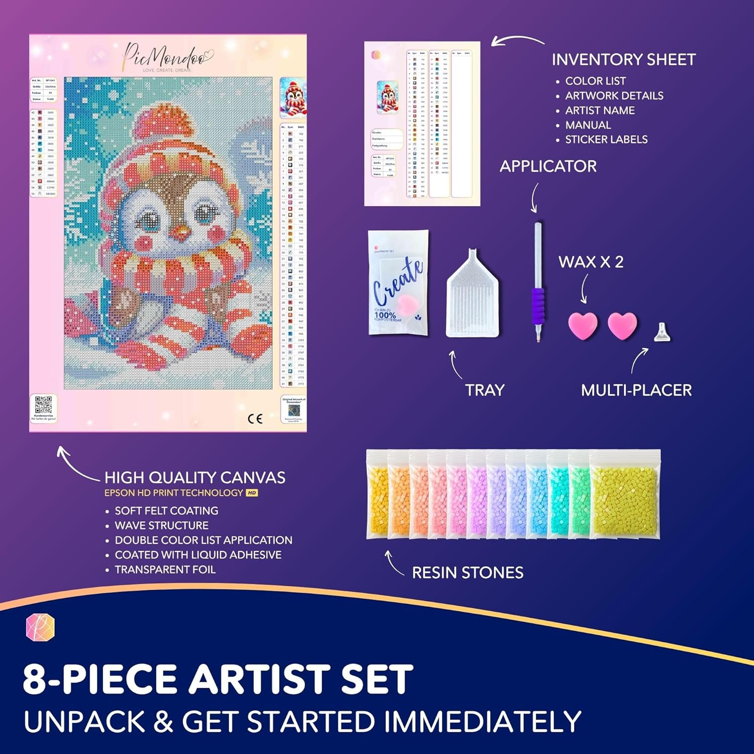 Picmondoo Diamond Painting Little Penguin 20x30 cm – DIY Diamond Painting for Children & Adults – with AB Stones & Rhinestones – Complete Set with Artist Canvas & Accessories