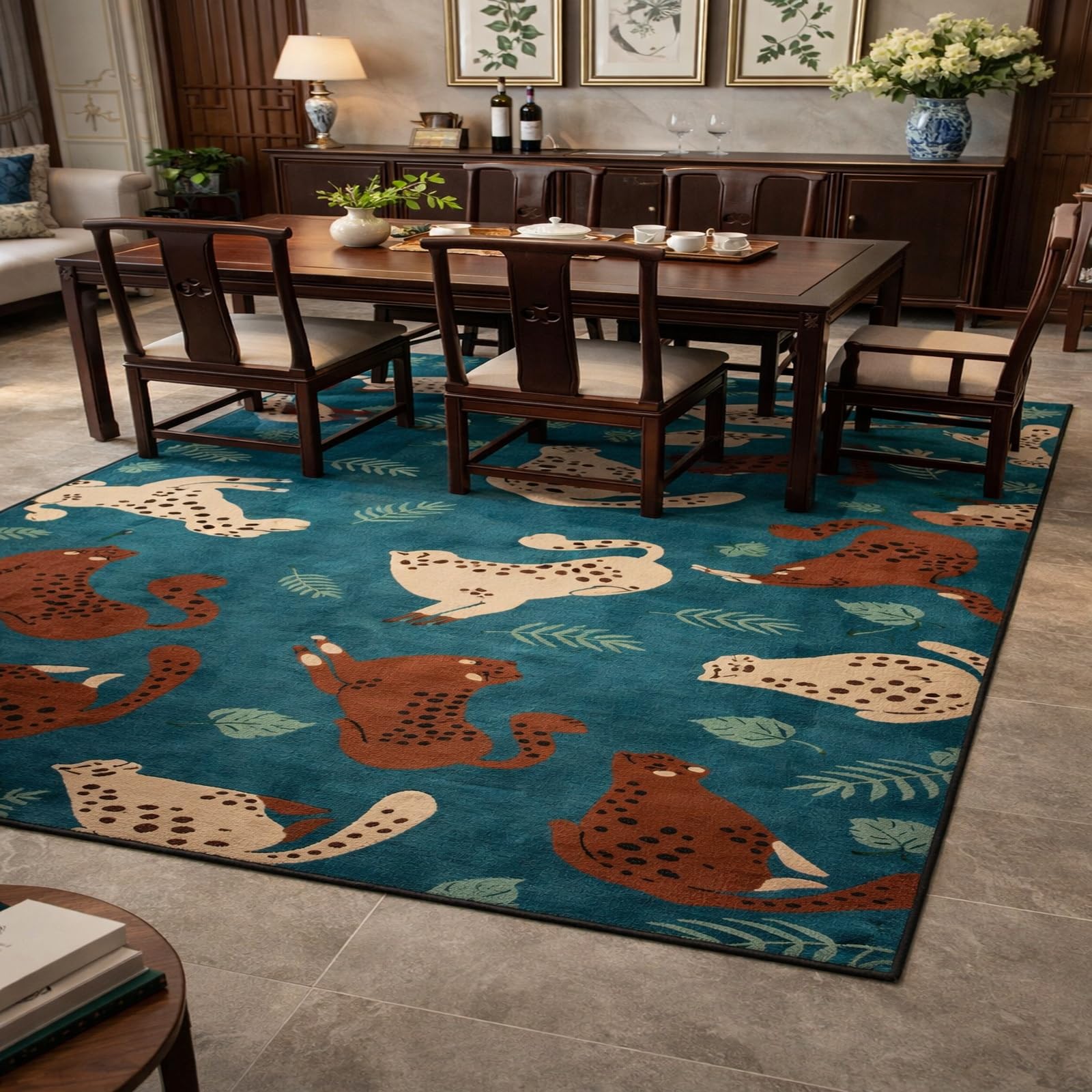 Tapis rectangle salon bleu moderne lavable poils ras 120x160