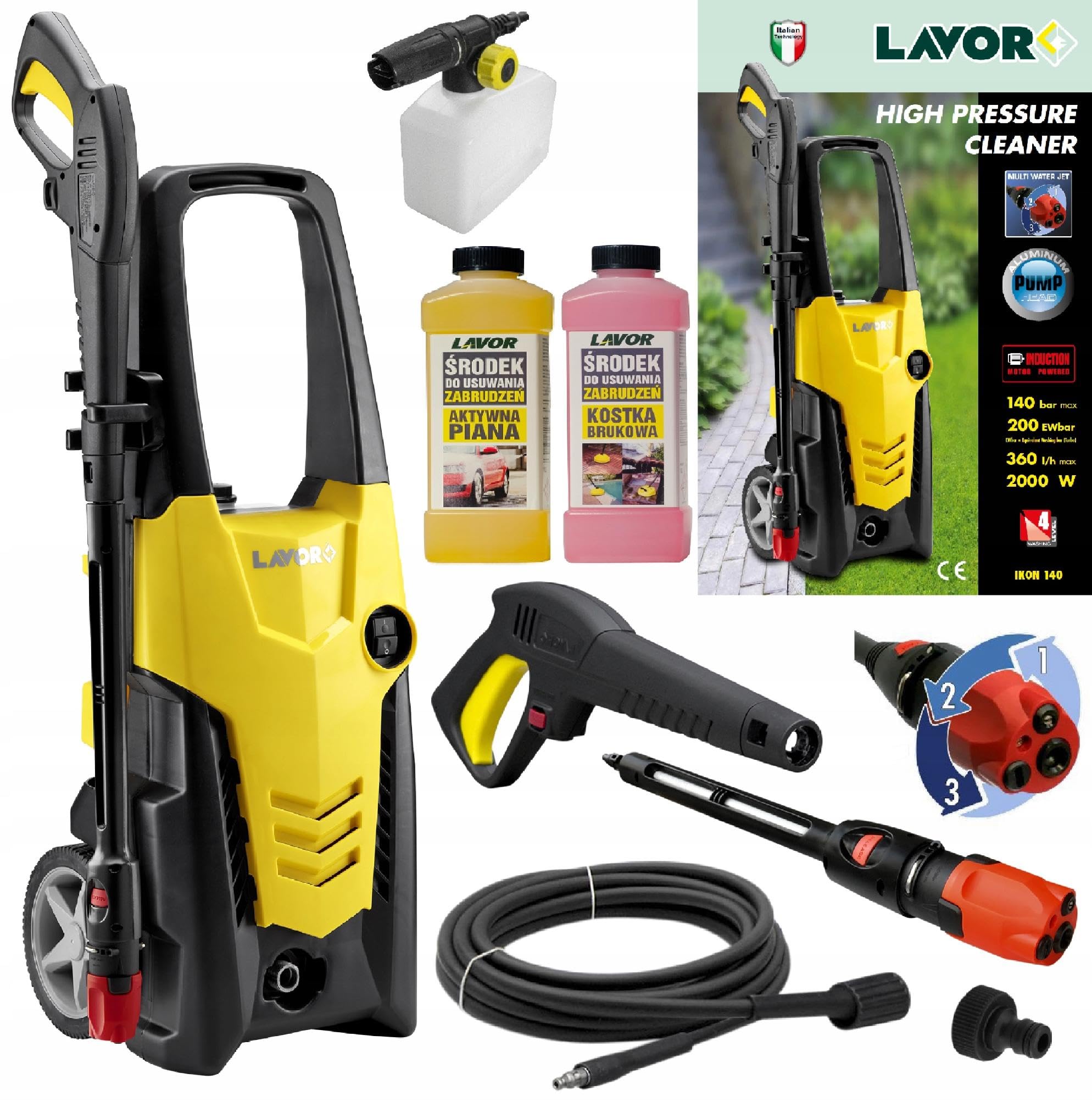 LAVOR Myjka Ciśnieniowa IKON 200, 2000W Indukcja, 140/220 bar Turbo, Pompa Aluminiowa, ASS, Wąż 6m, Lanca 3w1, SUPER FOAM 2w1 Aktywna Piana - do 80m²