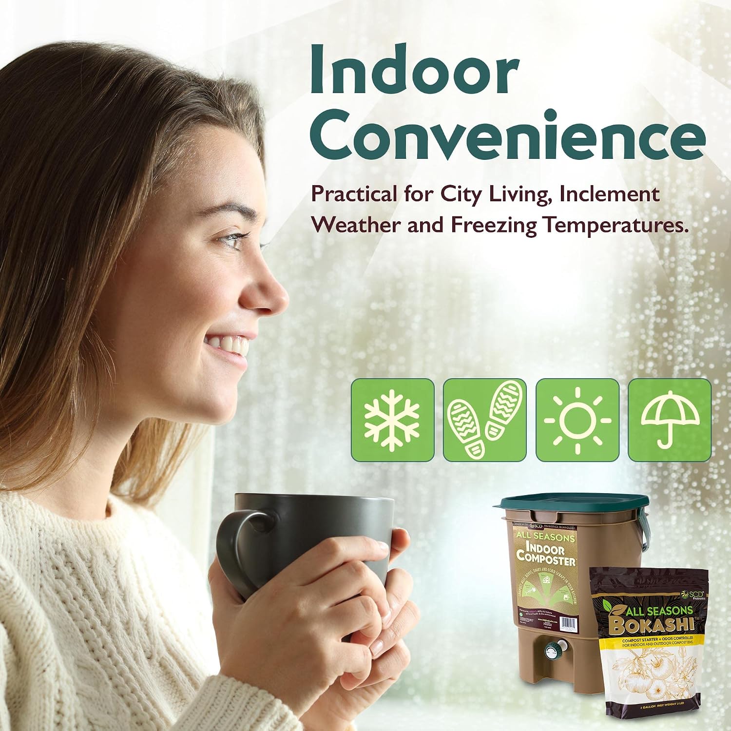 All Seasons Indoor Composter Starter Kit – 5 Gallon Bio Plastic Compost Bin for Kitchen Countertop with Lid, Spigot & 1 Gallon (2 lbs.) Bag of Dry Bokashi Bran – by SCD Probiotics (Dark Tan)