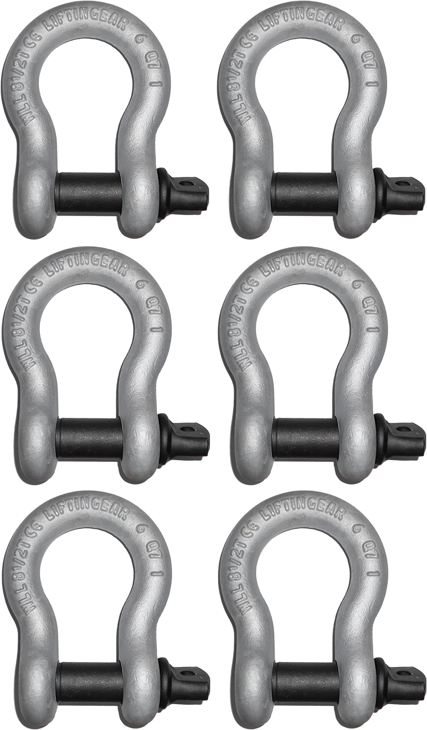 (6 Pack) Tested 1.5 Ton Galvanised Screw Pin Lifting Towing Alloy Bow Shackle 4x4 Offroad Recovery CE