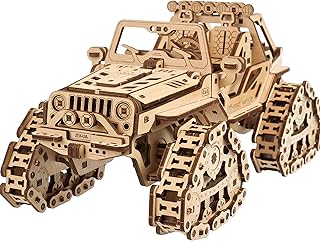 UGEARS Tracked Off-Road Vehicle - 4WD Model Vehicle Kits to Build - DIY 3D Car Model Puzzle with Spring Motor, 2 Driving Modes, Openable Hood with Engine - 3D Wooden Puzzles for Adults