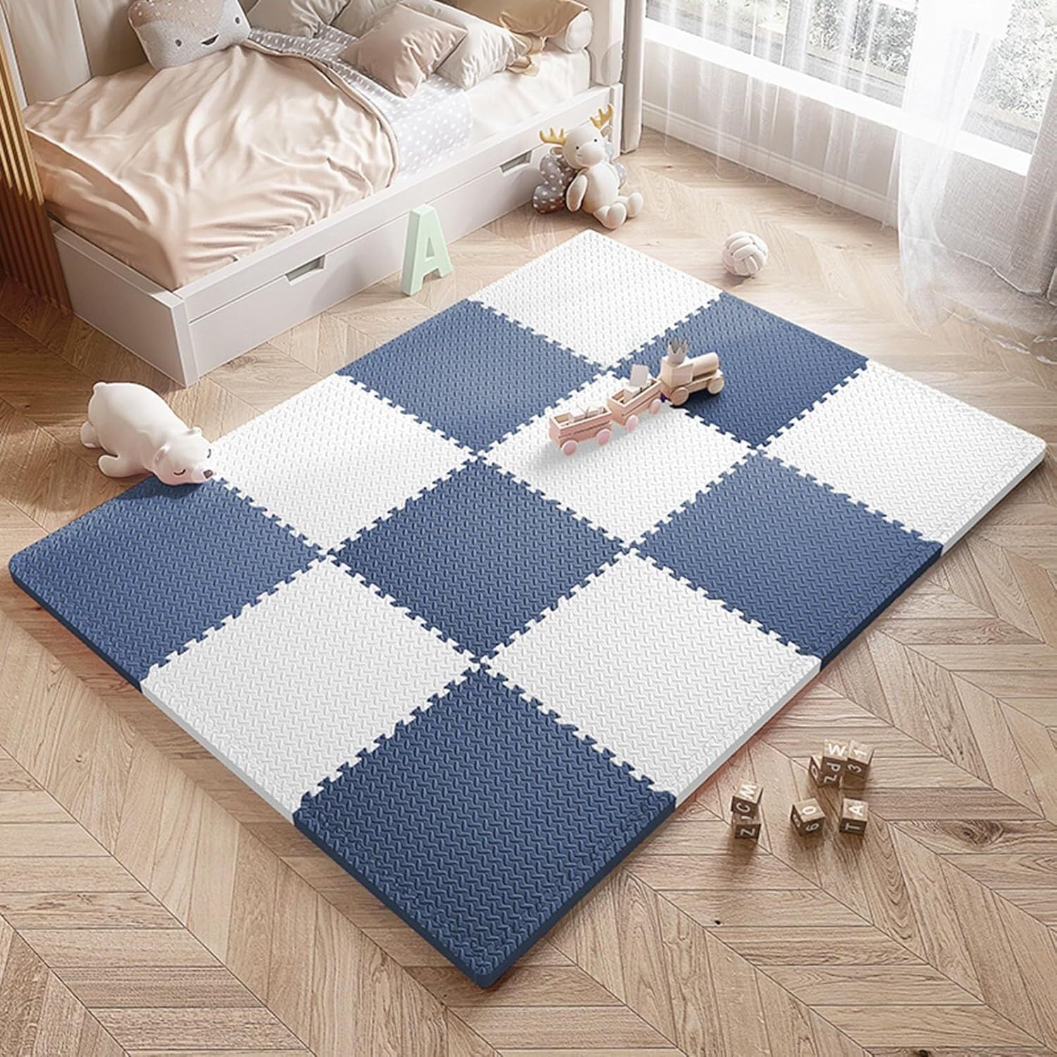 140 płytek 30x30x2,5 cm Bardzo gruba kwadratowa mata podłogowa z pianki piankowej Piankowe płytki dywanowe do łączenia(Navy Blue+White)