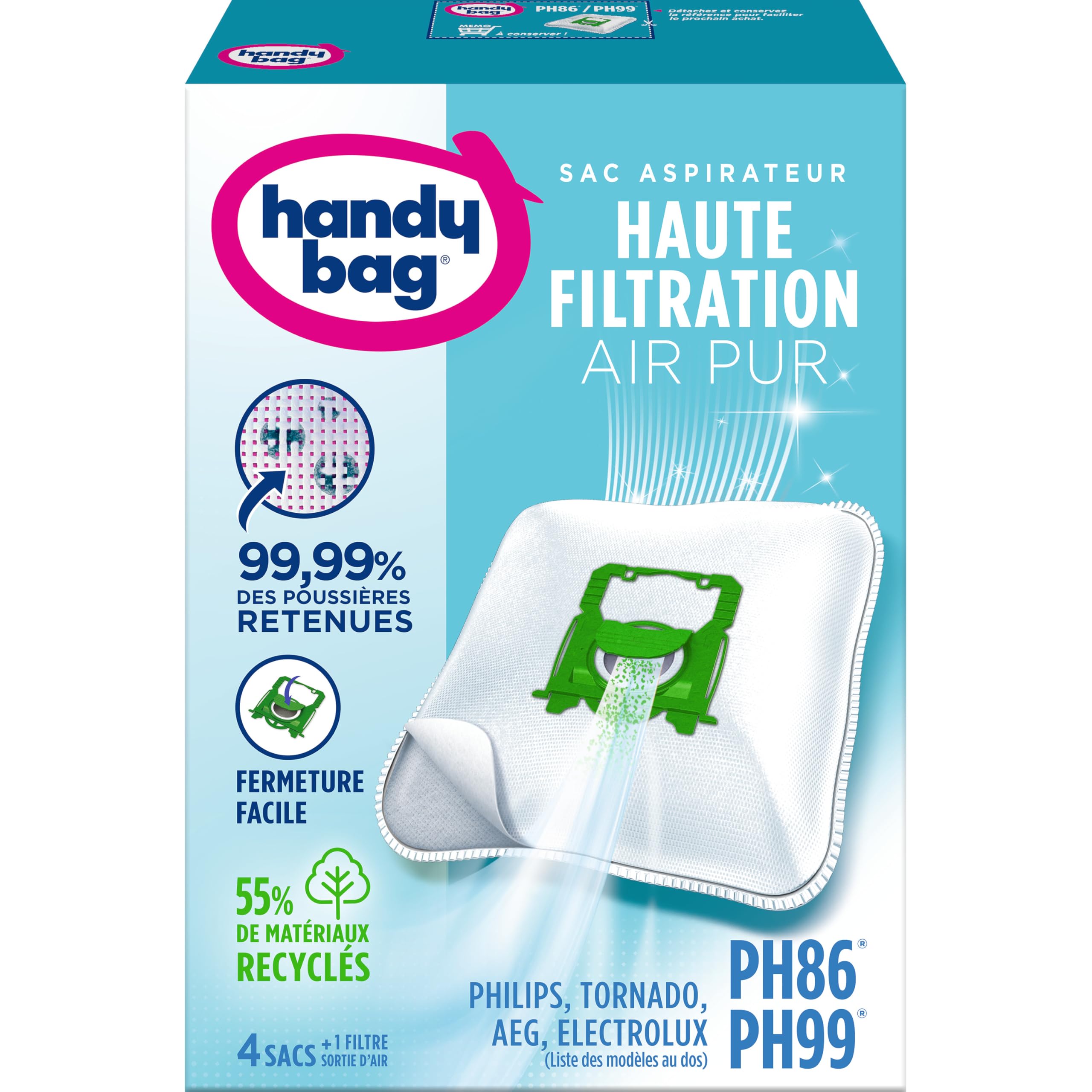 Handy Bag Sacs aspirateur PH86/​PH99 x4sacs - Compatibles Philips, Electrolux, AEG, Tornado - 99,​99% des poussières retenues - Fermeture facile - Filtre anti-​allergène - 60% de matériaux recyclés