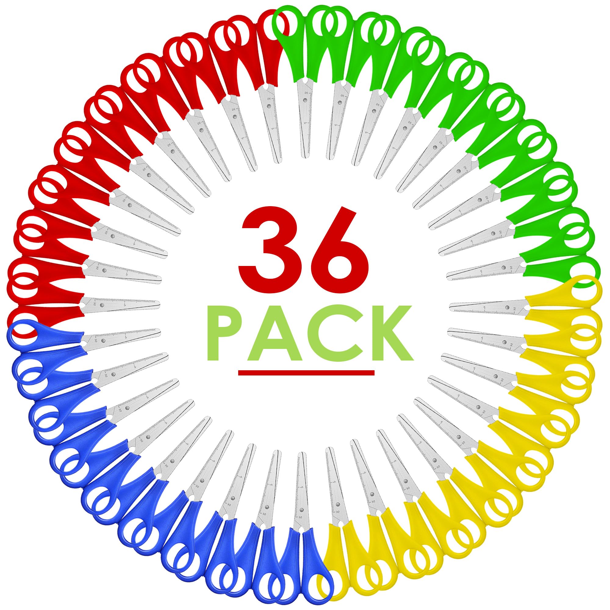 Kids Scissors 5 Inch, 36 Pack Safety School Scissors for Kids, Blunt Tip, Assorted Colors, Left and Right Handed, Classroom Bulk Supplies