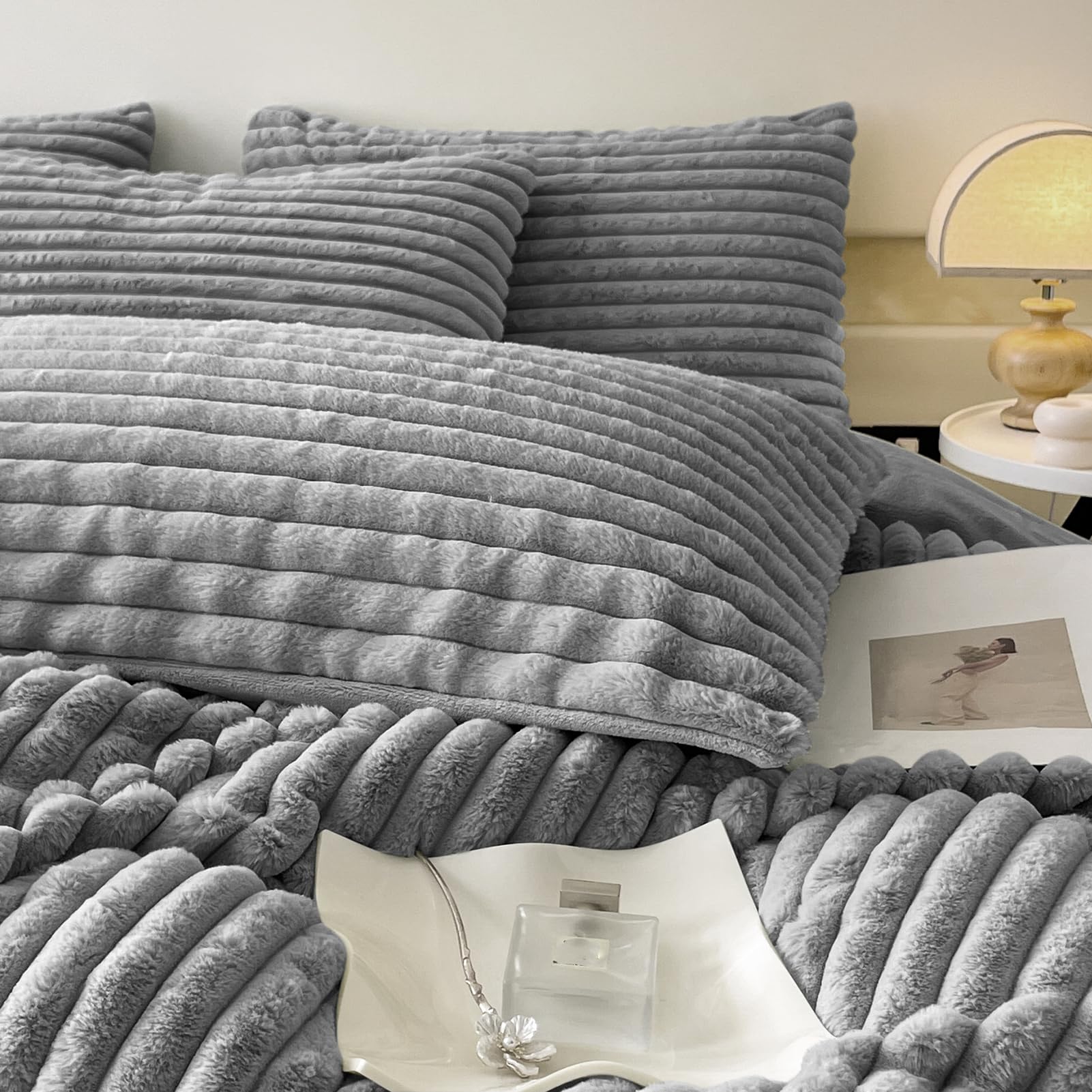 Flauschige Bettwäsche Plüsch Kuschel Fleece Flanell Kunstfell Extra Warm für Winter mit Kissenbezug 80x80 und Reißverschluss (Grau, 155x220cm + 80x80cm 2tlg)