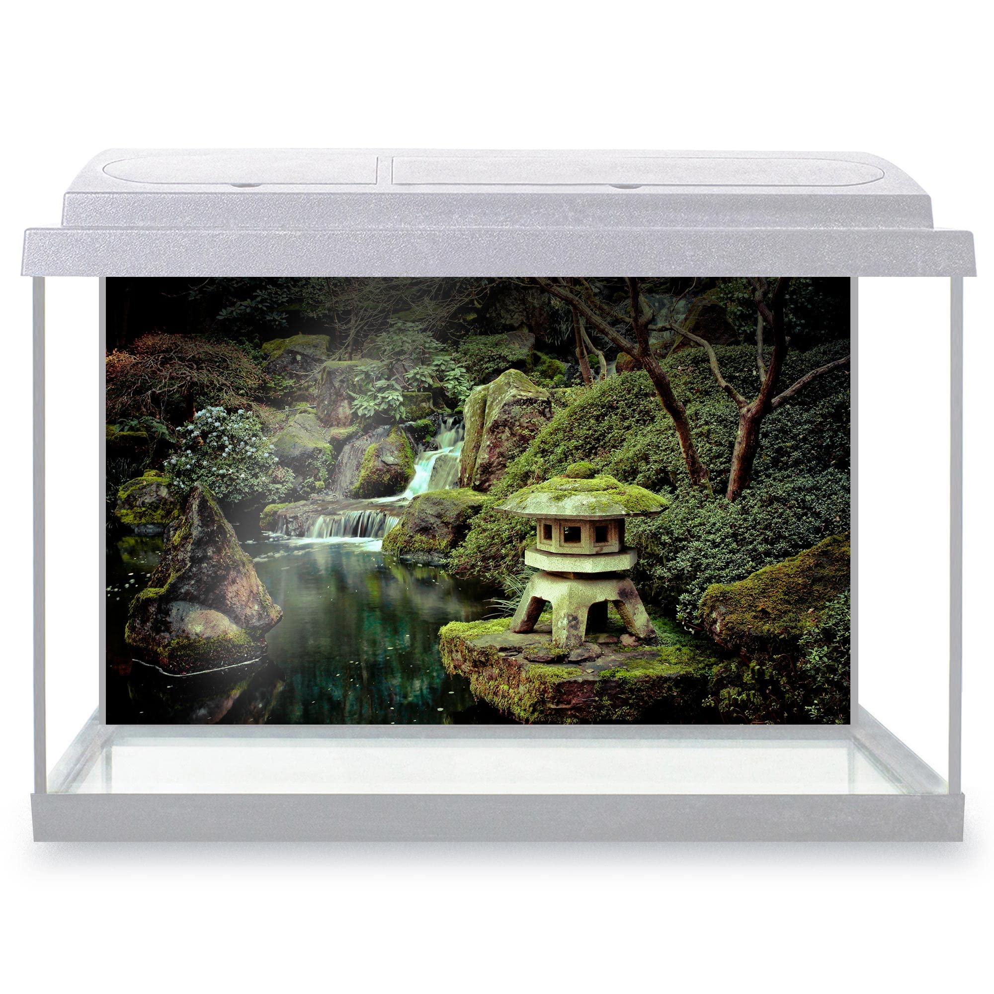 DV DESIGN Aquarium Fish Tank Background 77x47 cm - Stone Lantern Koi Pond Small Waterfall Japanese Garden Bonsai Tree Japan Land Static Cling Vinyl Vivarium Terrarium External Application #500194 โ image 1