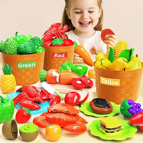 Juego de alimentos para niños pequeños, juguete de aprendizaje para cortar alimentos con cesta de clasificación de colores, cocina de juego de