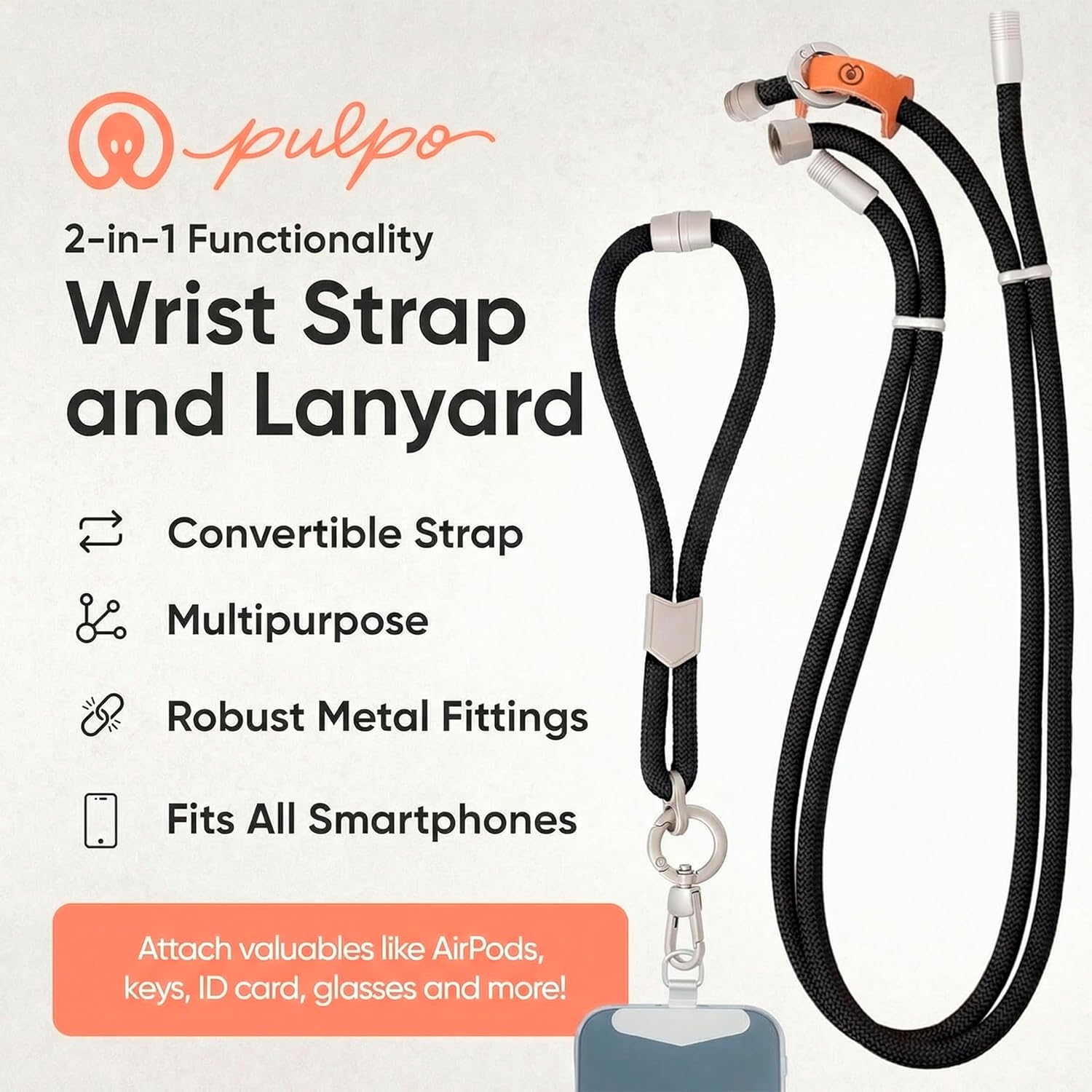 Pulpo 2 in 1 Anti Theft Phone Lanyard and Wrist Strap for iPhone and Android, Adjustable Cell Phone Leash and Universal Tether, Hands Free Strap for Travel Running and Everyday Use, Black - Image 2