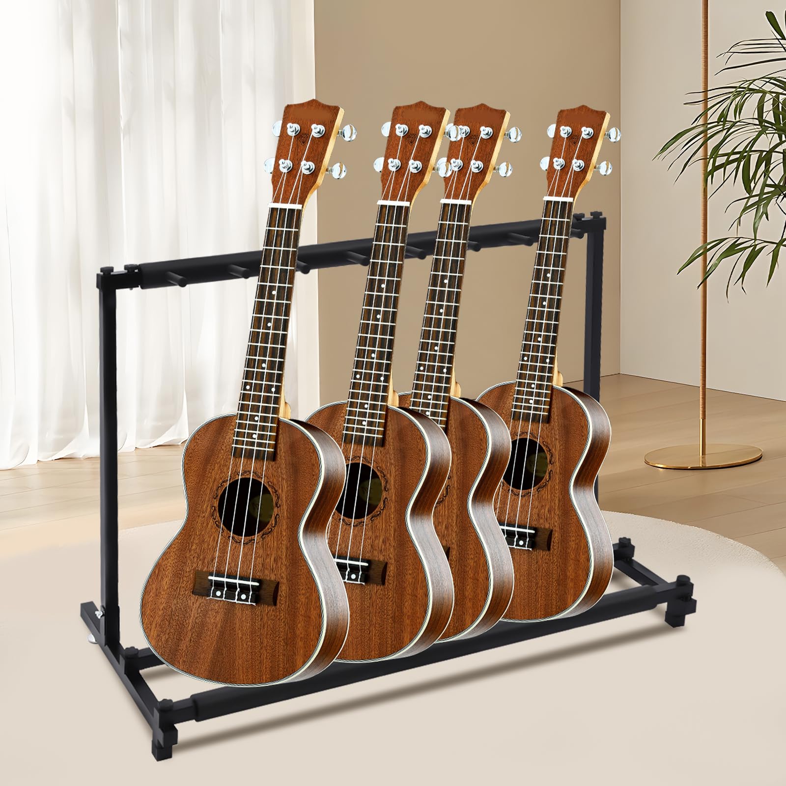 Stojak na 7 gitar, składany z wyściółką piankową, stabilny stojak na gitarę elektryczną, akustyczną i basową, nie zajmuje dużo miejsca, antypoślizgowe nóżki, czarny, 110 x 46,5 x 73 cm