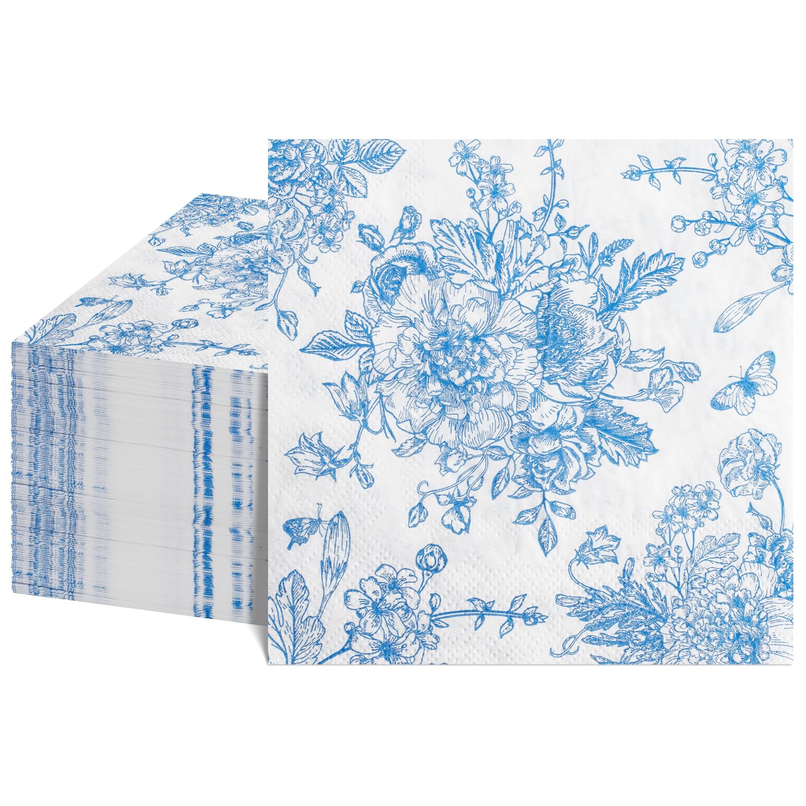 NatNarr 100 Pcs Blue Floral Cocktail Napkins,Blue and White Napkins Vintage Flower Butterfly Design Decoupage Napkins Blue Toile Napkins for Baby Shower,Tea Party,Garden Party,5 x 5 Inch 5 x 5 inches