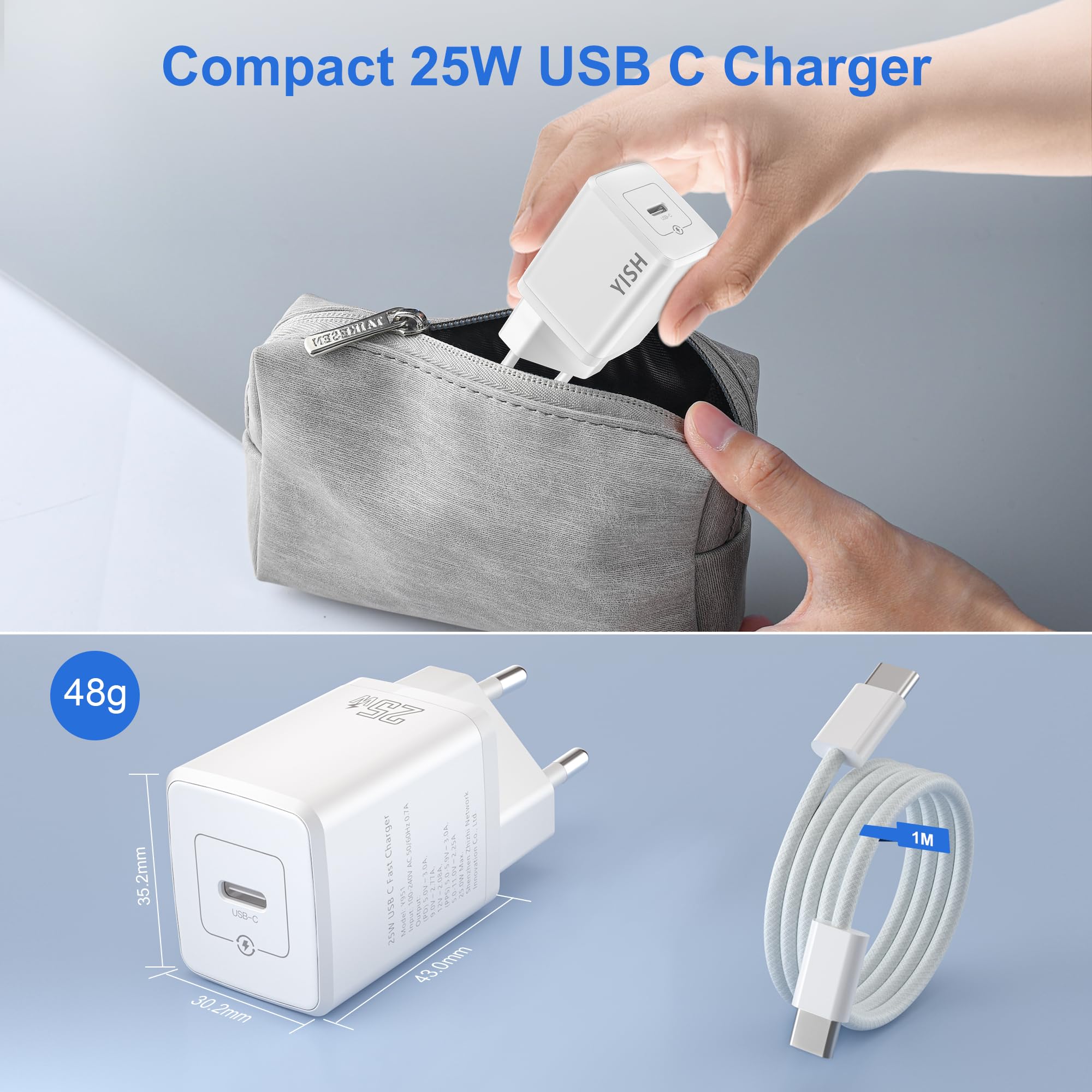 YISH USB C Szybka Ładowarka 25W：PD 3.0 Zasilacz Wtyczka USB Typ C Fast Charger USBC Adapter z 60W 1M USBC na C kablu