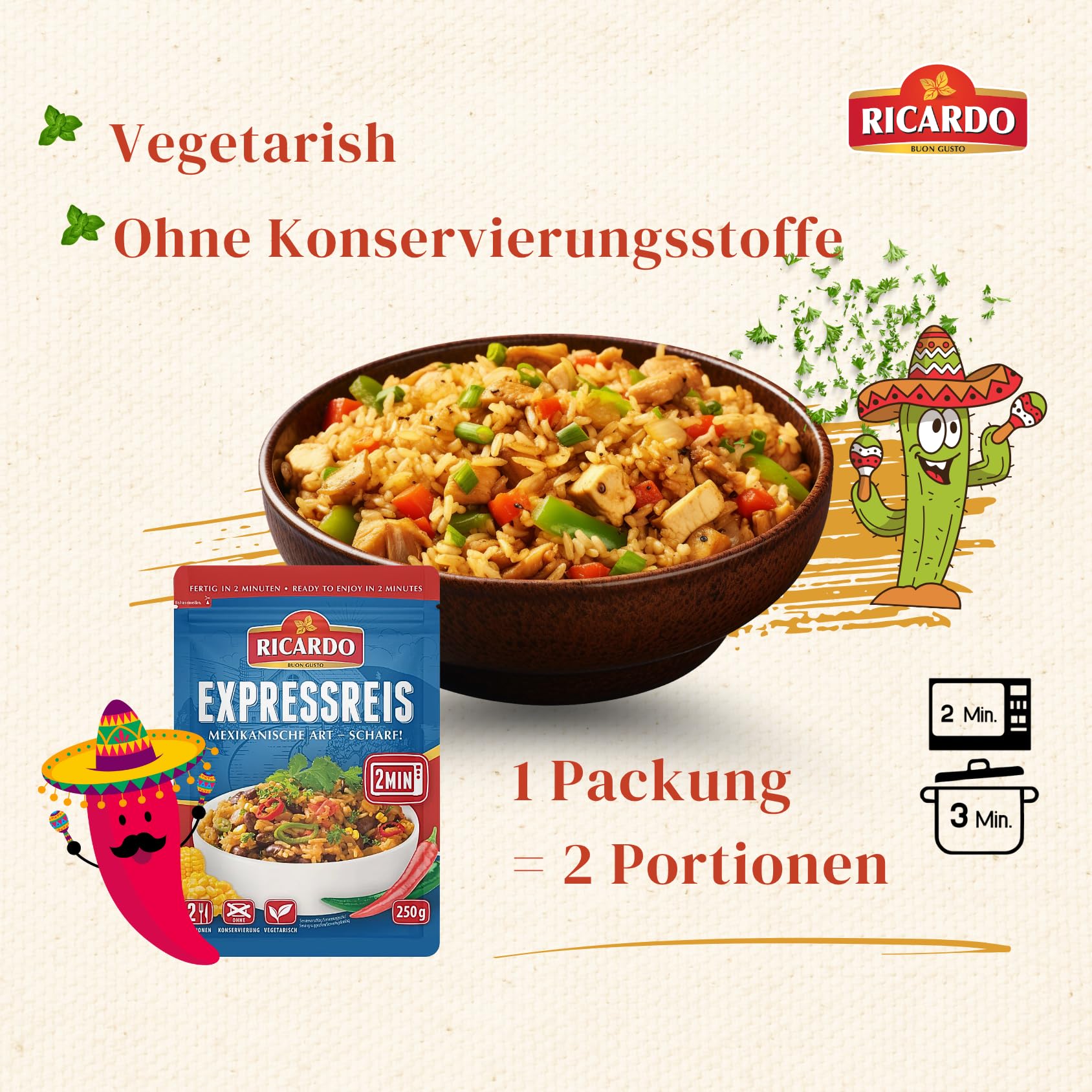 RICARDO Express Riso Messicano Piccante 16 x 250 g Preparazione Riso Preparato Piatti pronti Microonde/Padella in modo rapido e semplice