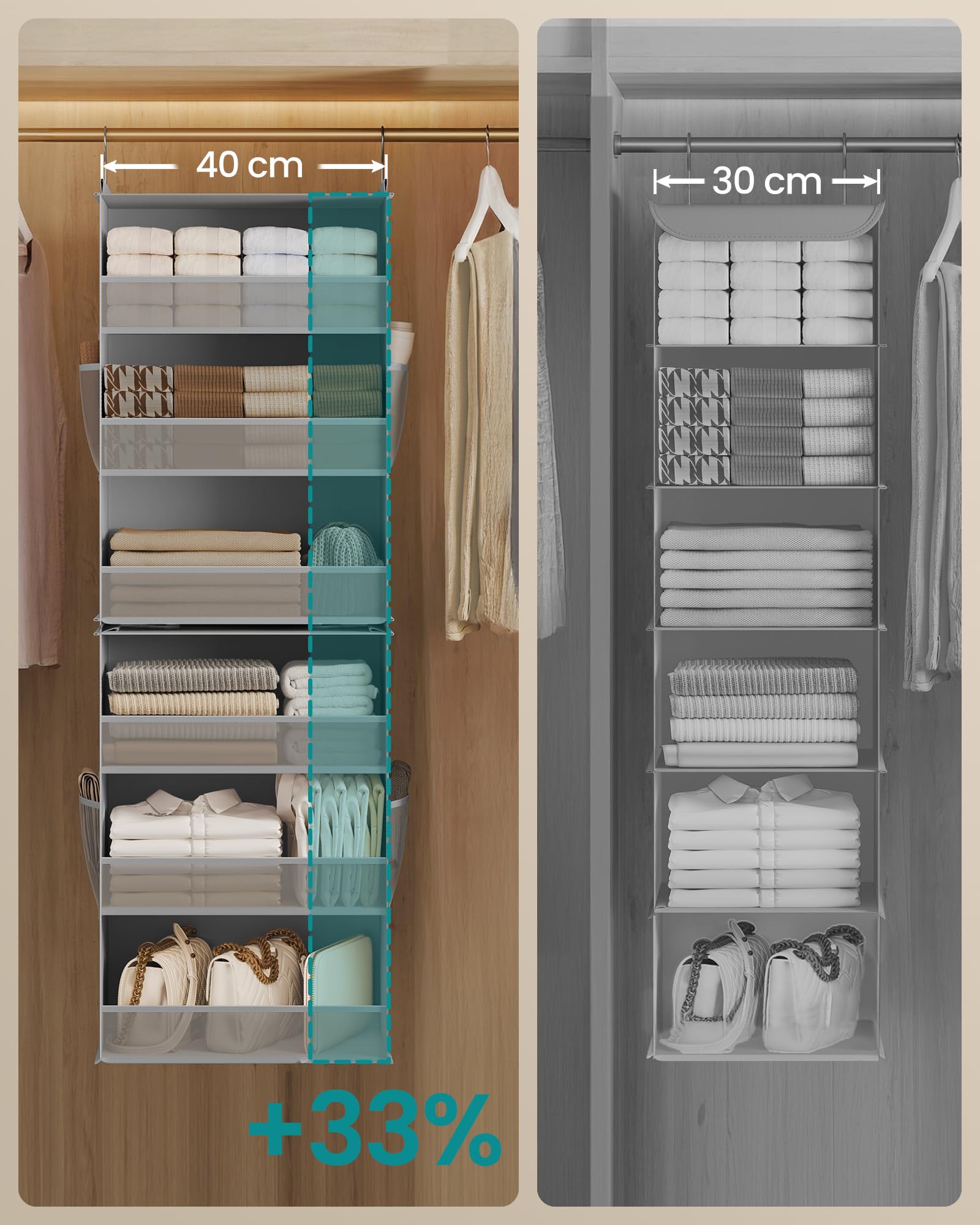 SONGMICS Tina RCH008G01 Organiseur d'armoire, rangement à suspendre à 6 compartiments séparables, 40 x 30 x 133 cm, étagère peu encombrante intérieure pour vêtements, gris taupe, collection Tina