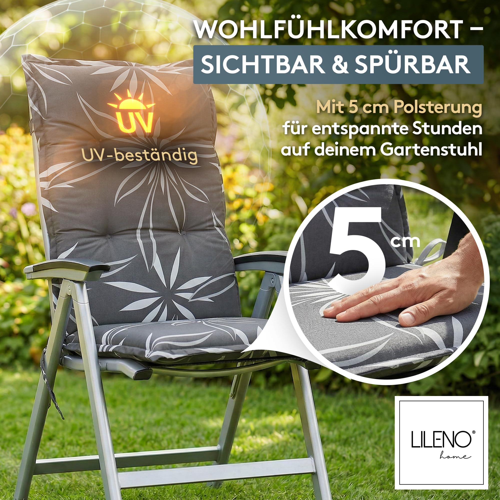 LILENO HOME Gartenstuhl Auflagen als [2er Set - Hochlehner] in Blume Anthrazit-Weiß - Bequeme Liegen als Sitzauflagen für Gartenmöbel - Stuhlkissen für Gartenstühle und Klappstühle