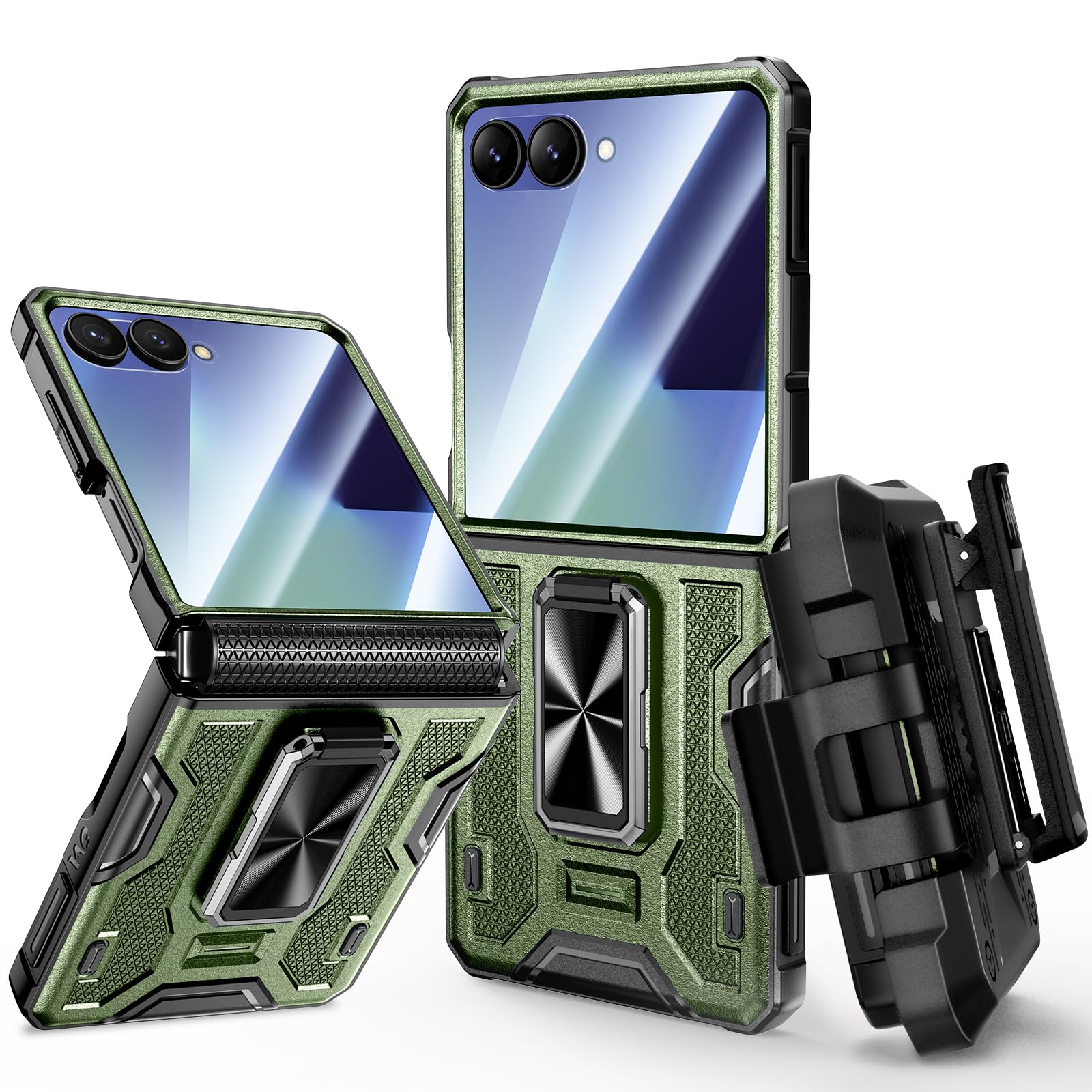 Photo 1 of VEGO for Z Flip 7 Case with Hinge Protection, 360° Rotatable Ring Kickstand & Built-in Screen Protector & Belt Clip Holster, Shockproof Cover for Samsung Galaxy Z Flip 7 - Green