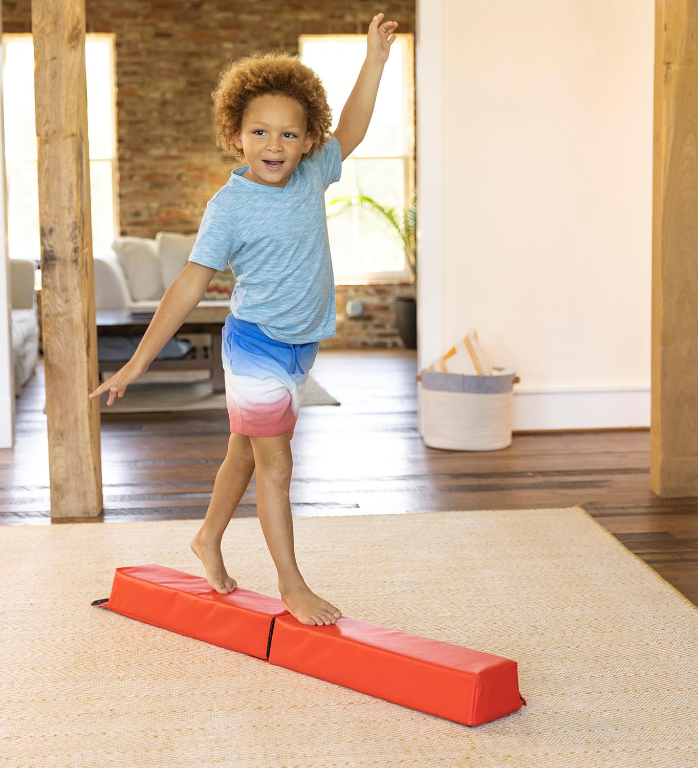 Hearthsong 4-Foot Gymnastics Balance Beam, 24 L x 5W x 4H, Red, 2-Piece Lightweight Foam, Hook and Loop Connectors, Non-Slip Surface, Ages 3 and Up