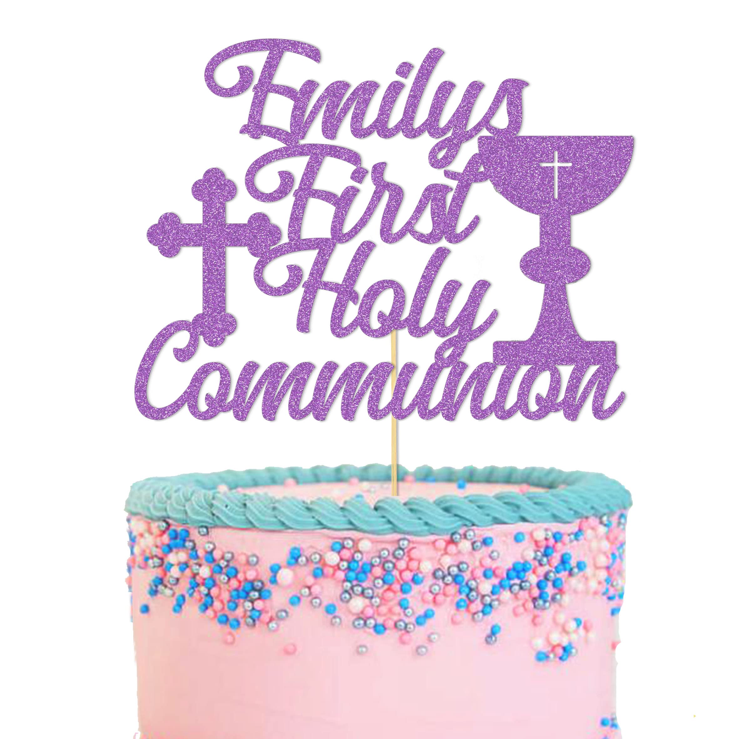 GuteGifts Personalised First Holy Communion Cake Topper - Grail Cross Christening Baptism Confirmation 1st Communion Party Decor Multicolour Glitter Hand Finished in UK (Lilac)