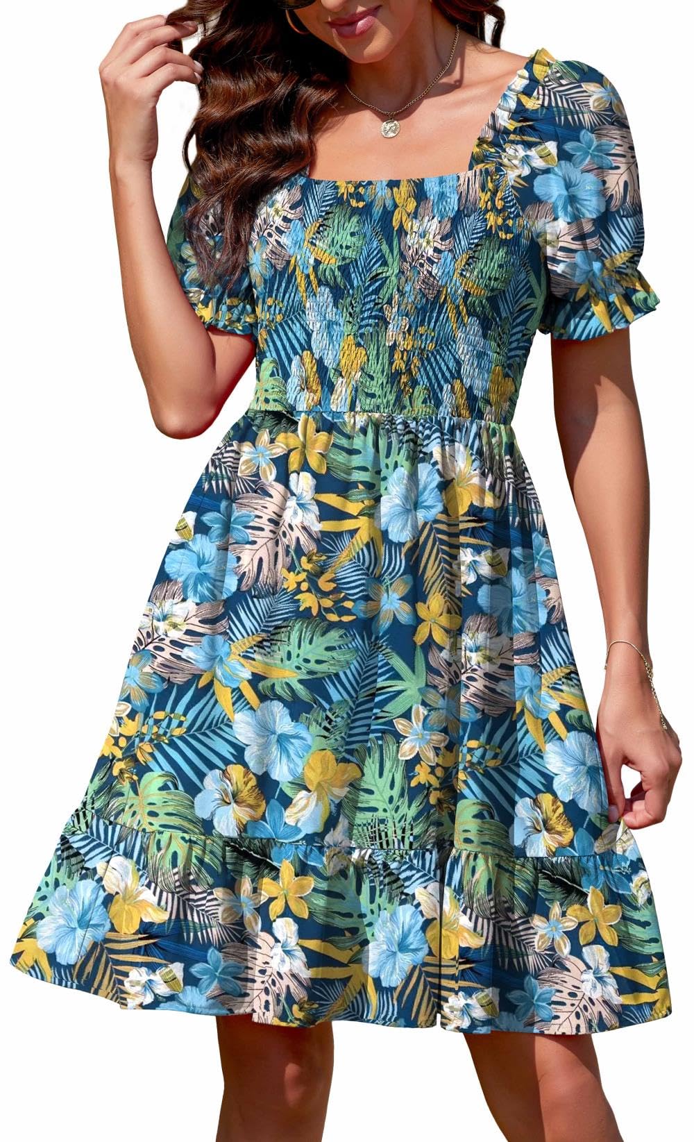 Actcat Frauen Blusenkleid mit Puffärmeln, Schulterfreies Minikleid, Viereckiger Ausschnitt, figurbetontes Kurzarmkleid, süßer Resort-Stil