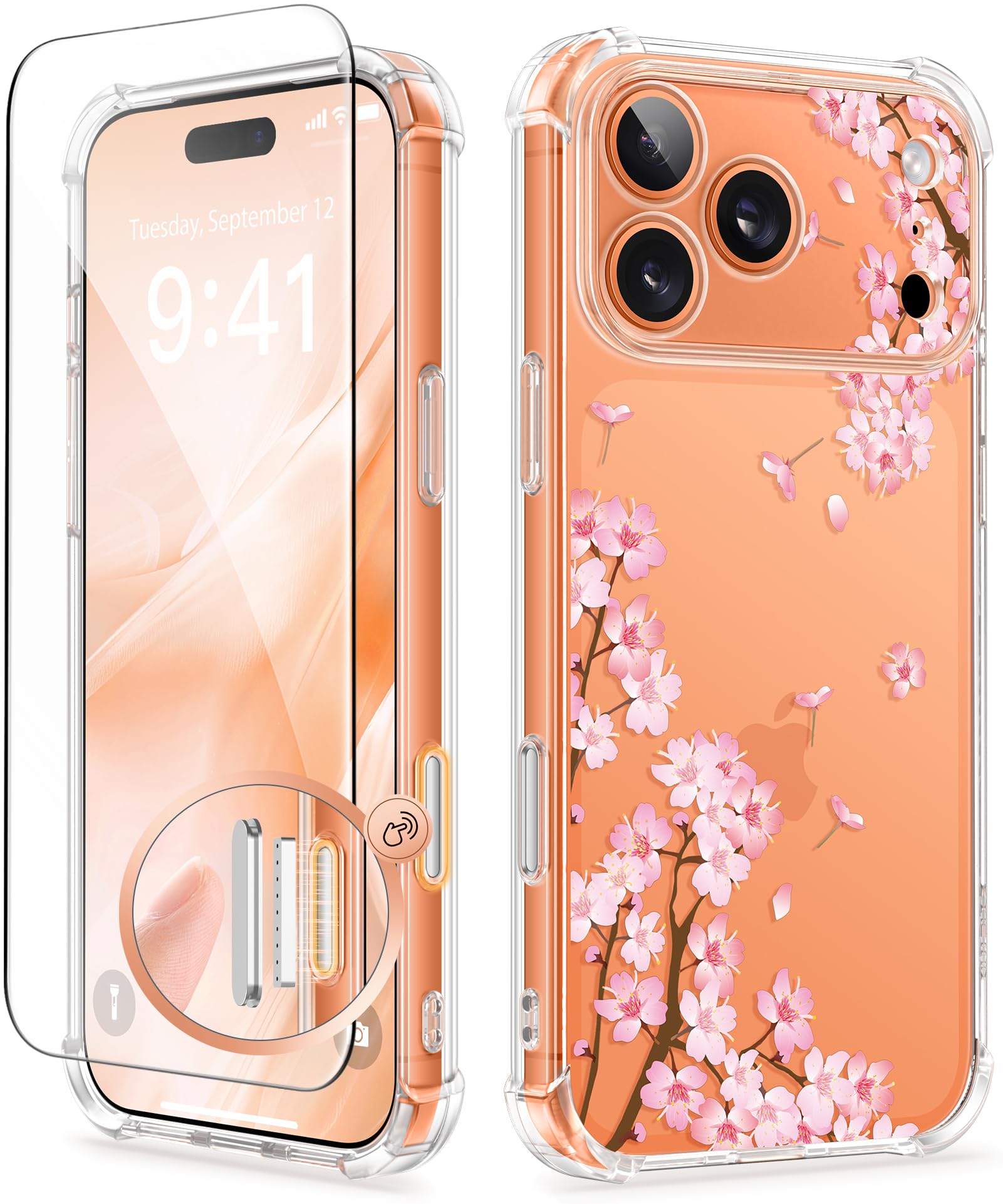 GVIEWIN Compatible with iPhone 17 Pro Case 6.3" 2025, with Screen Protector, [Full Camera Protection] Shockproof Military Grade Drop Protective Clear Floral Slim Phone Cover for Women,Sakura/Pink