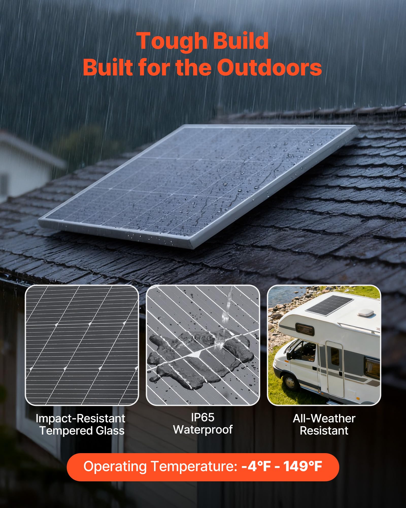 VEVOR Panneau Solaire Monocristallin 200 W Panneau Photovoltaïque Haut Rendement 23% pour Hors Réseau Toit Plat Voiture, Bateau, Camping-car, avec Sortie MC4 Stable, Cadre en Aluminium, Étanche IP65