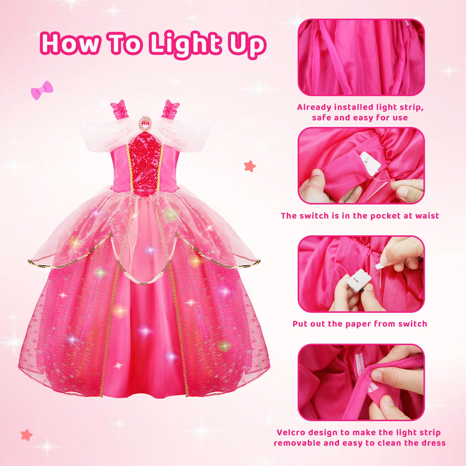 MELAND Princess Costumes for Girls Sleeping Light Up Princess Dress Up for Girls Age 3-10 Years - Image 2