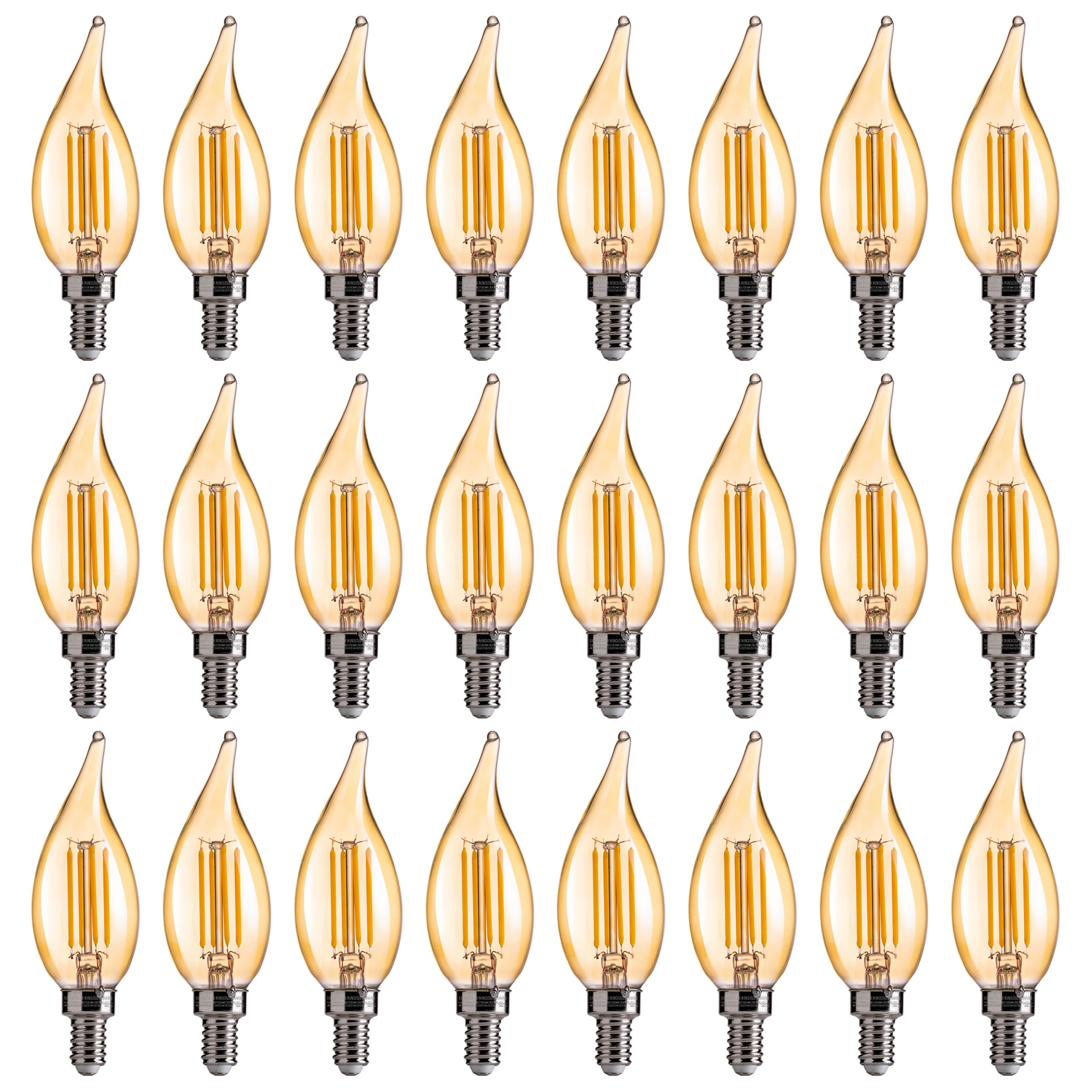 FLSNT CA11 E12 LED Chandelier Light Bulbs 40W Equivalent, 330 LM,Dimmable LED Candelabra Bulbs, 2200K Warm White, 330LM, Amber Glass, 24 Pack UL,CA65 Listed.