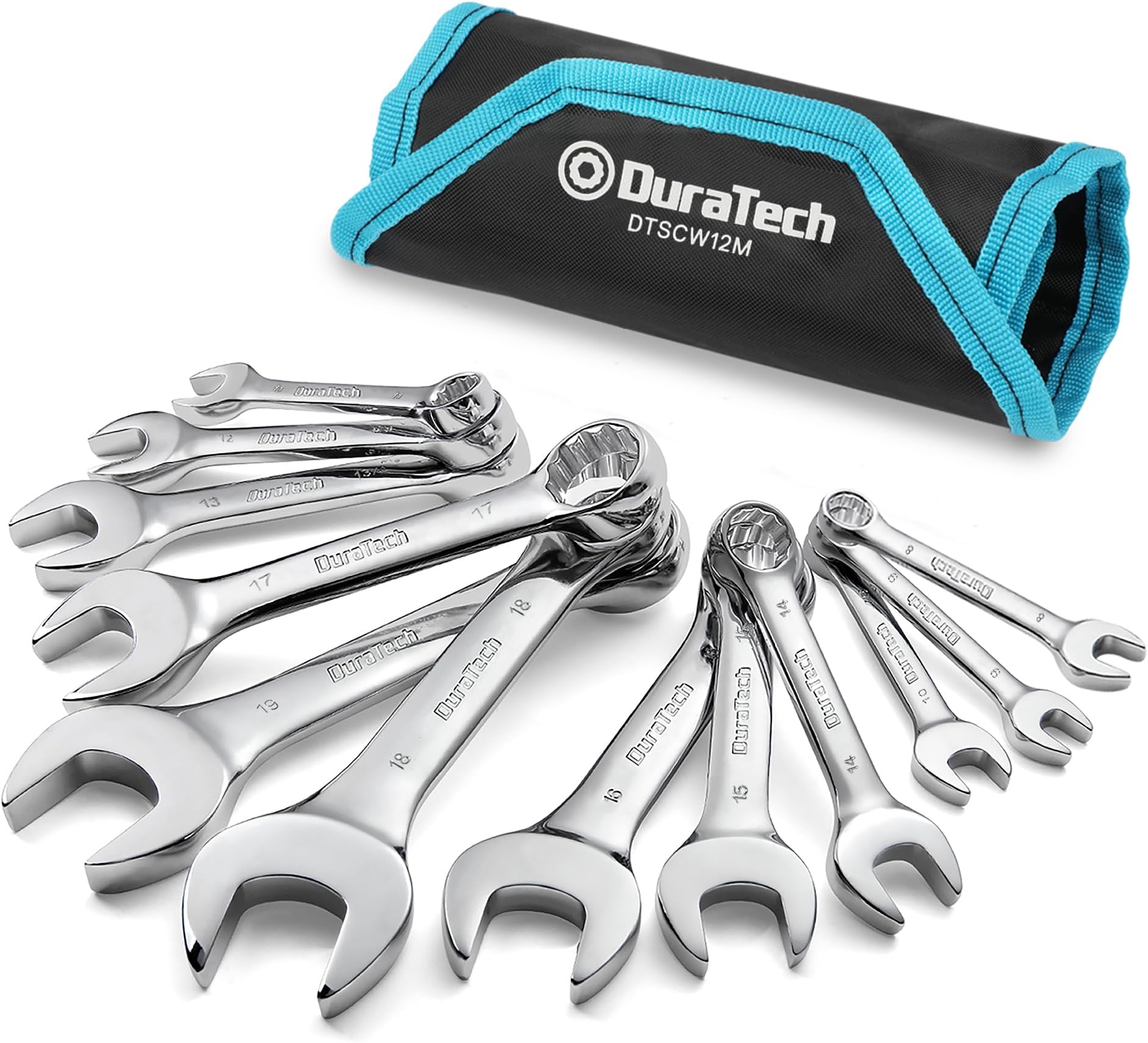 12-Piece Stubby Metric Spanner Set 8-19 mm, Stubby Combination Wrench Set with Open End, Chrome Vanadium Steel, 12-Point, with Carry Pouch