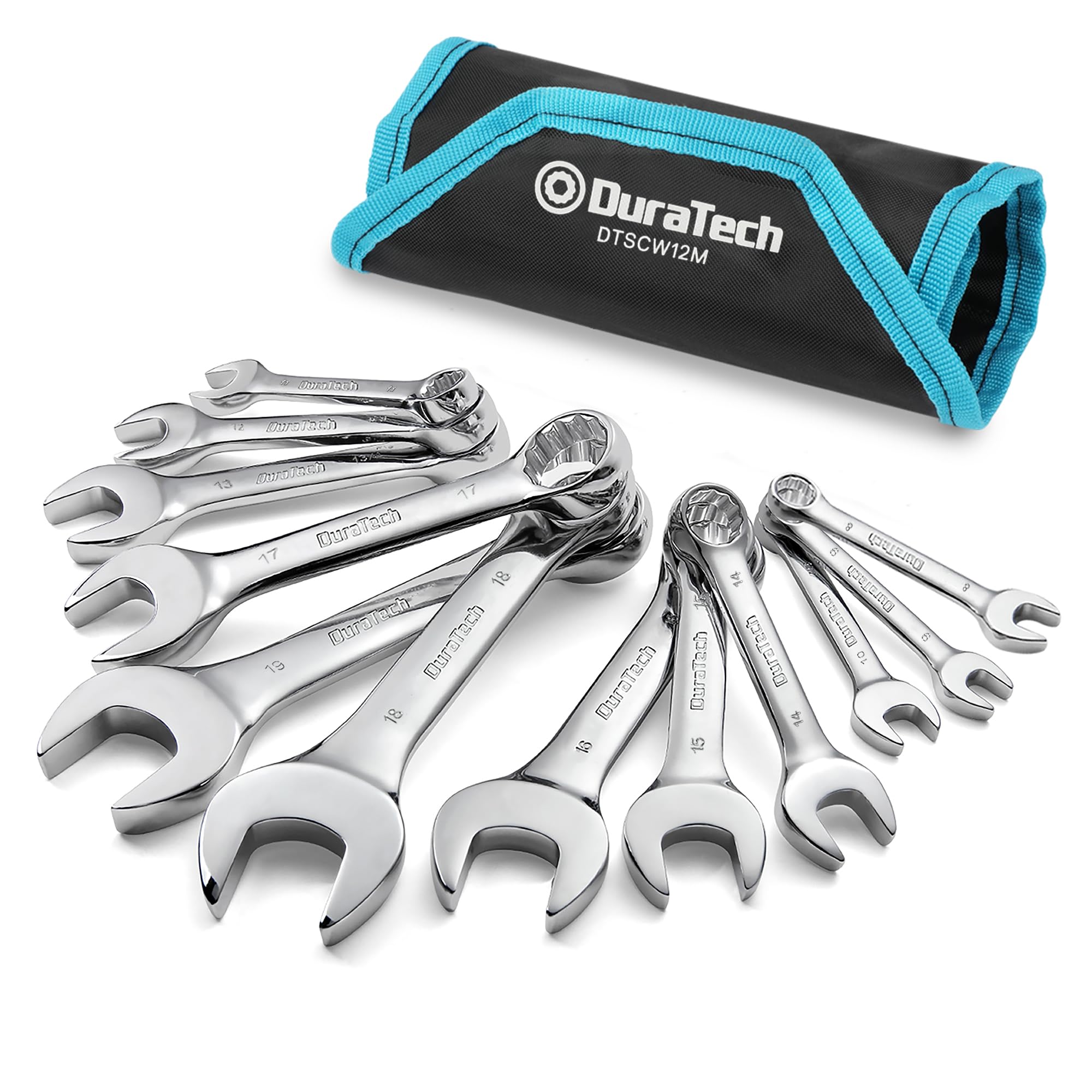 DURATECH 12-teilig Ringmaulschlüssel-Satz 8-19 mm, Extra Kurz, Gabelschlüssel Maul-Ringschlüssel Schraubenschlüssel Set, Chrom-Vanadium-Stahl, inkl. Aufbewahrungstasche