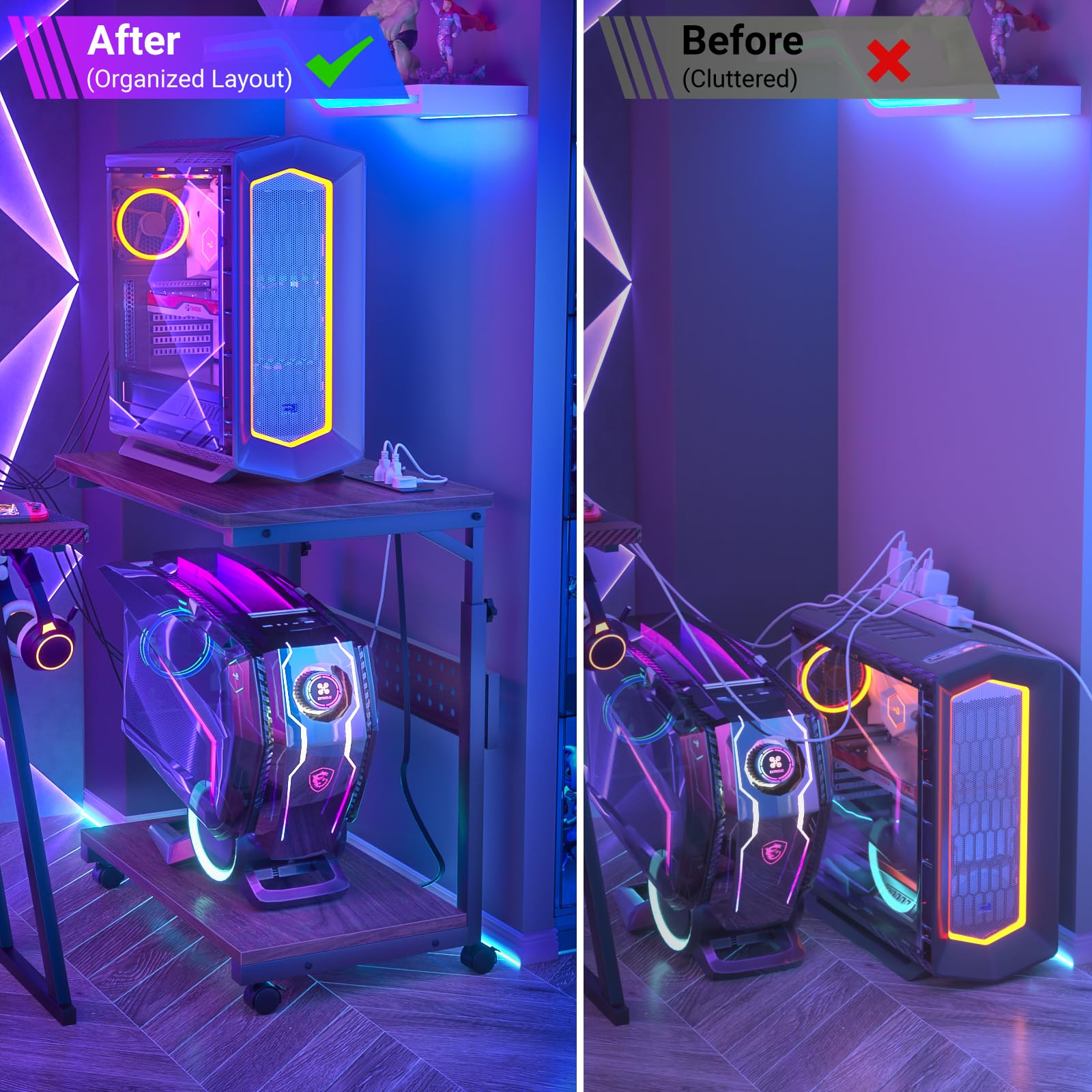 Besiost Soporte de torre para computadora con regletas de alimentación, soporte de torre de PC ajustable en altura con ruedas, soporte móvil para CPU, soporte lateral para carrito de computadora para