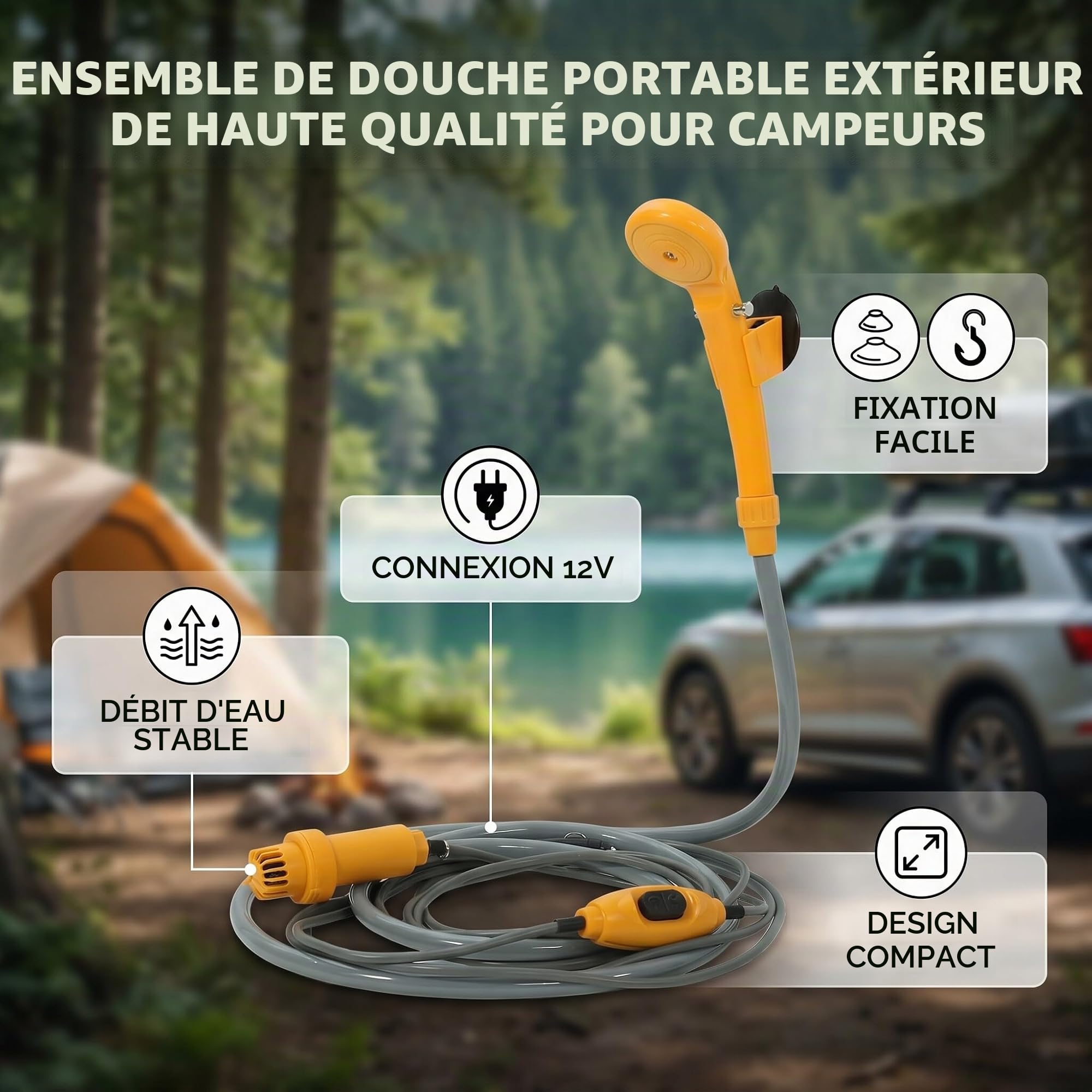 Douche de Camping 12V avec Pompe Submersible, Adaptateur Voiture, Tuyau 2m et Câble 5m, pour Camping, Jardin, Voiture, Animal Domestique