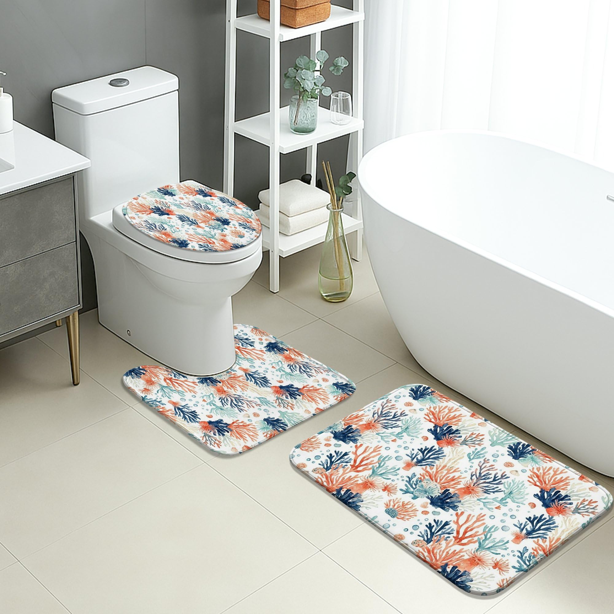 Tapete de baño de secado rápido náutico con diseño de océano juego de 3 piezas decorativas