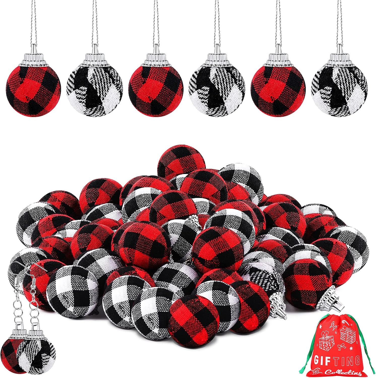 ADXCO 42 Pieces Christmas Mini Plaid Ball Ornaments Buffalo Plaid Fabric Ball Ornaments Christmas Decorative Tree Hanging Ornament Xmas Ball for Christmas Party, Red and Black, Black and White, 1 inch