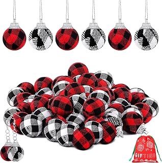 42 Pieces Christmas Mini Plaid Ball Ornaments Buffalo Plaid Fabric Ball Ornaments Christmas Decorative Tree Hanging Ornament Xmas Ball for Christmas Party, Red and Black, Black and White, 1 inch