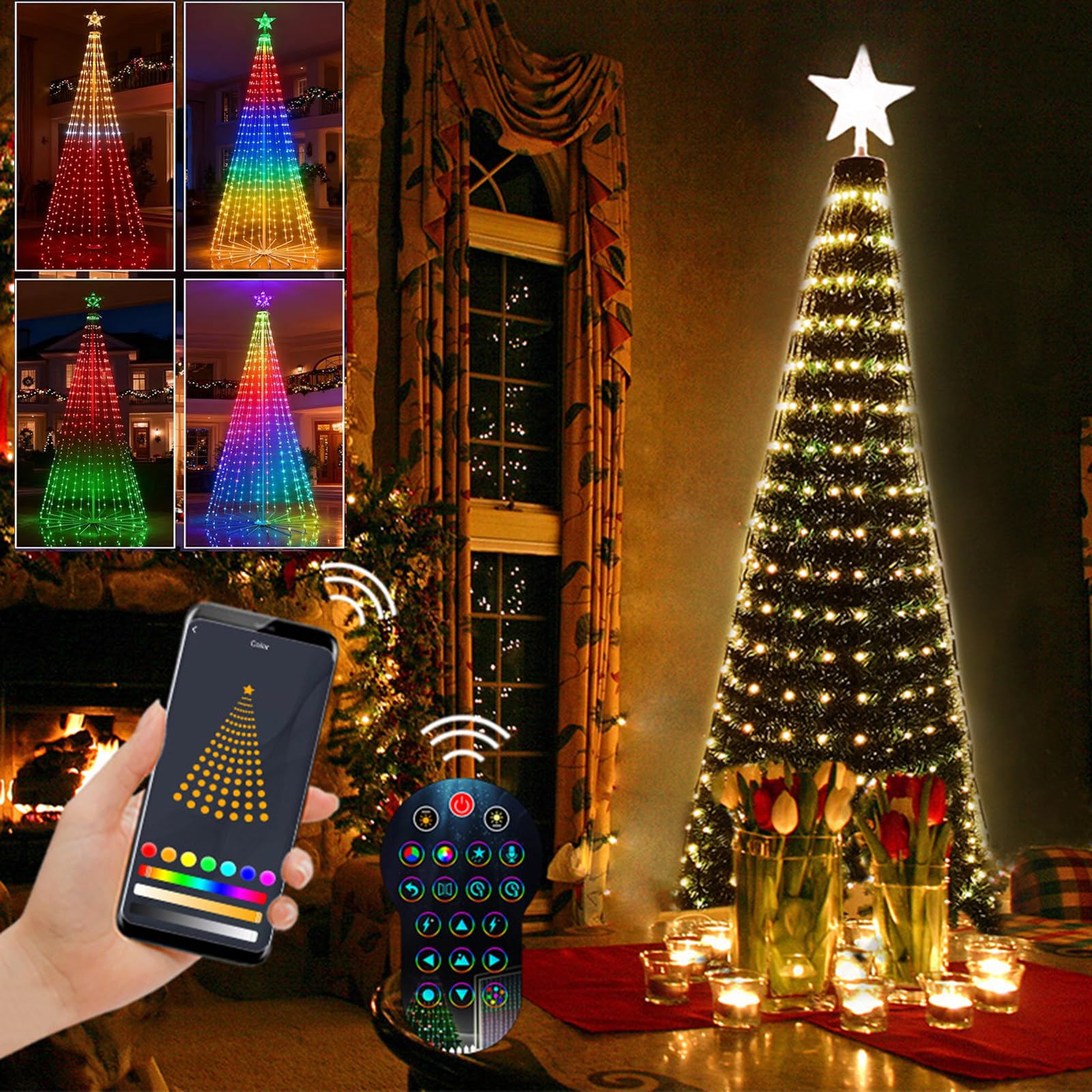 Inteligentne Lampki Choinkowe, 1,5 M/1,8 M/2,1 M, Z Gwiazdą Na Górze, 400 Diod LED, Obsługa Aplikacji/Pilota, Edycja Tekstu, Funkcja Timera I Różne Dynamiczne Efekty 1.8m