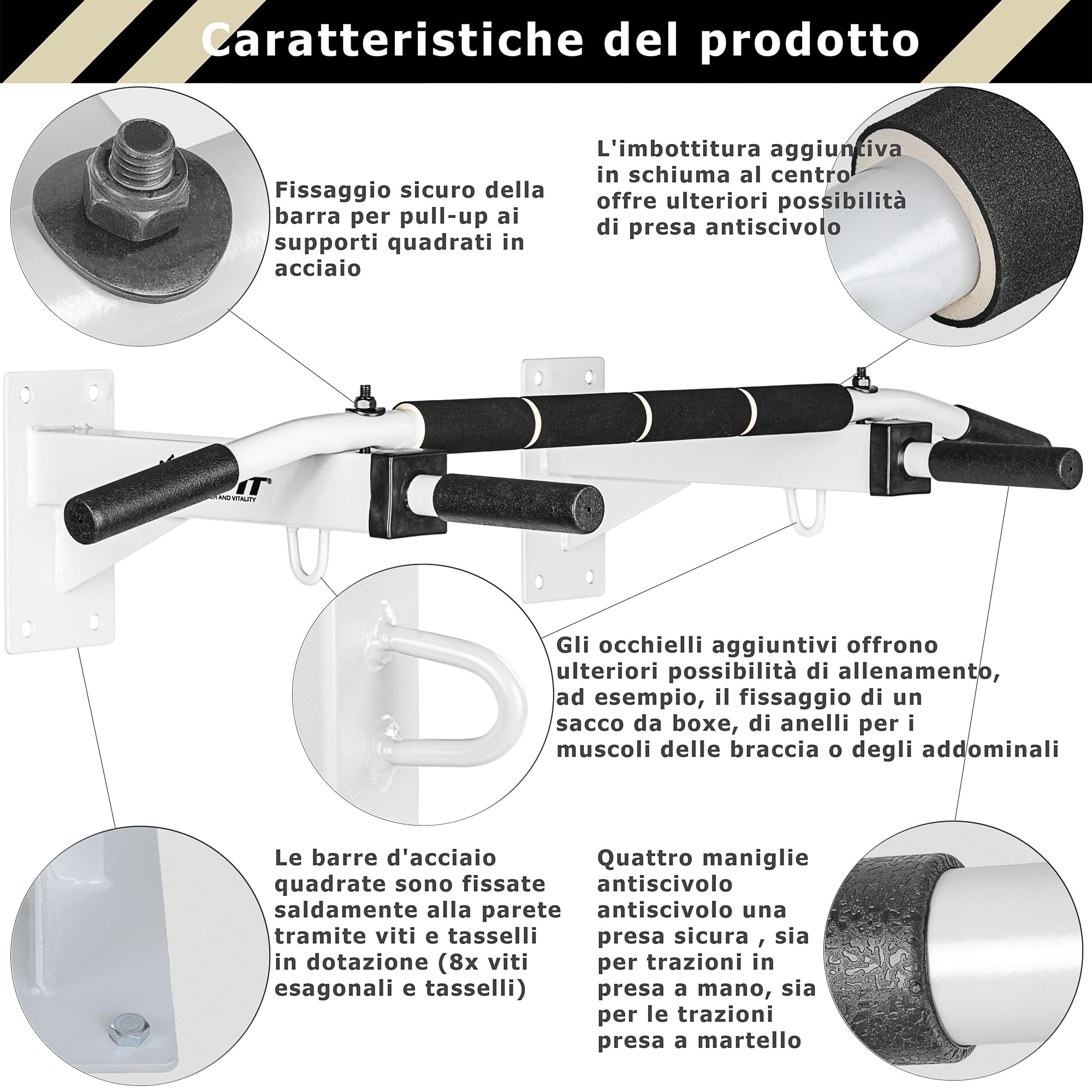 MOVIT Barra per Trazioni - a Muro, Professionale, Carico Massimo 350 kg, in Acciaio, Multifunzione, Antiscivolo, con Gancio e Viti - Sbarra per Sollevarsi, Allenamento, Fitness, Pull up Bar, Chin Up