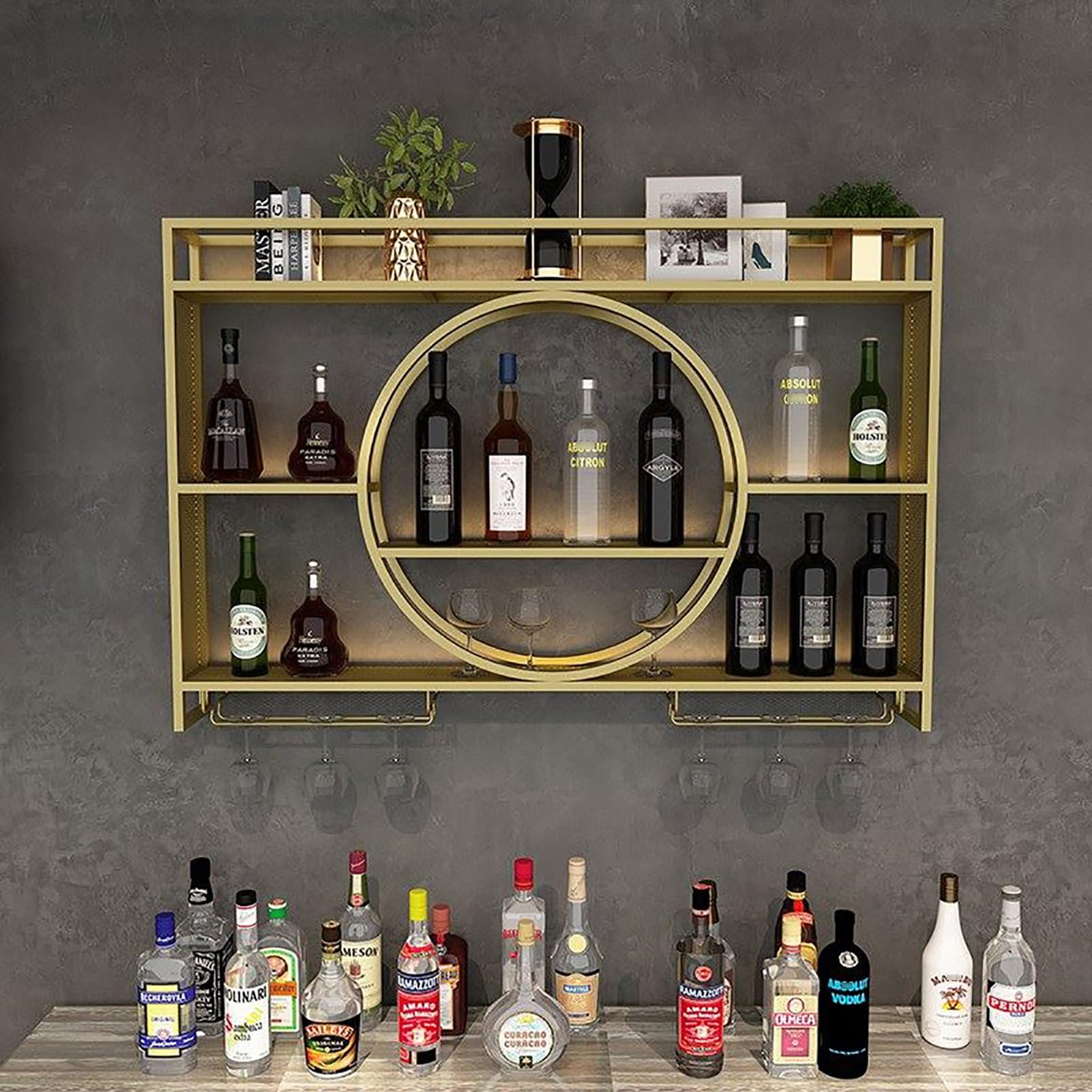 Botellero De Hierro De Estilo Industrial,Botellero De Metal Para La Pared Con Portavasos,Enfriador De Vino Montado En La Pared Para Bar,Estante Para Botellas De Vino Y Copas De Vino,Estantería De Vino
